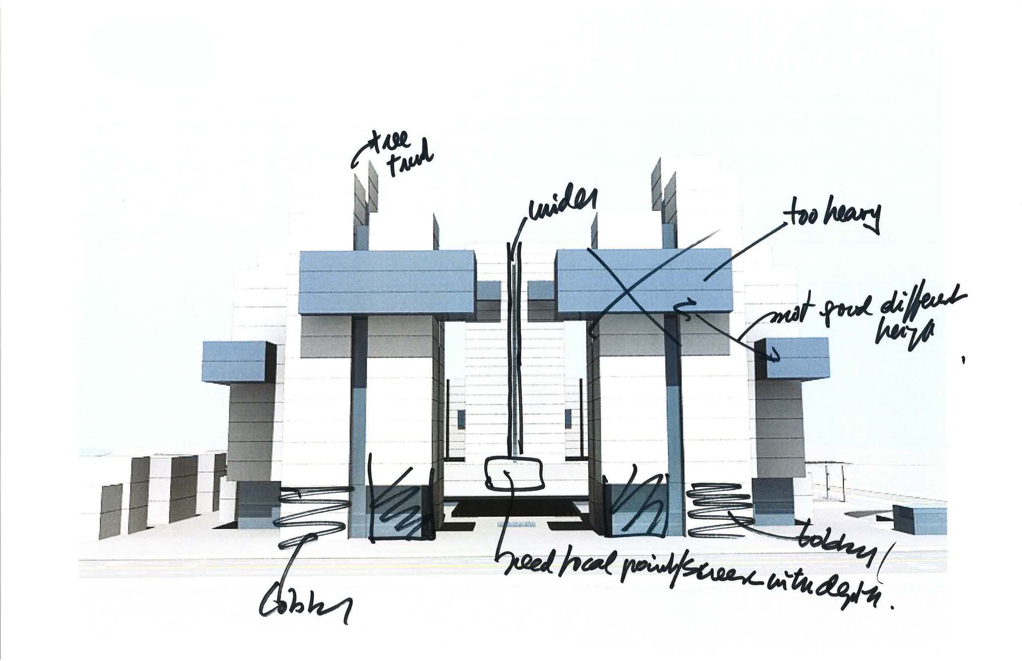 Elevation sketch showing vertical white towers flanking a central courtyard with handwritten notes