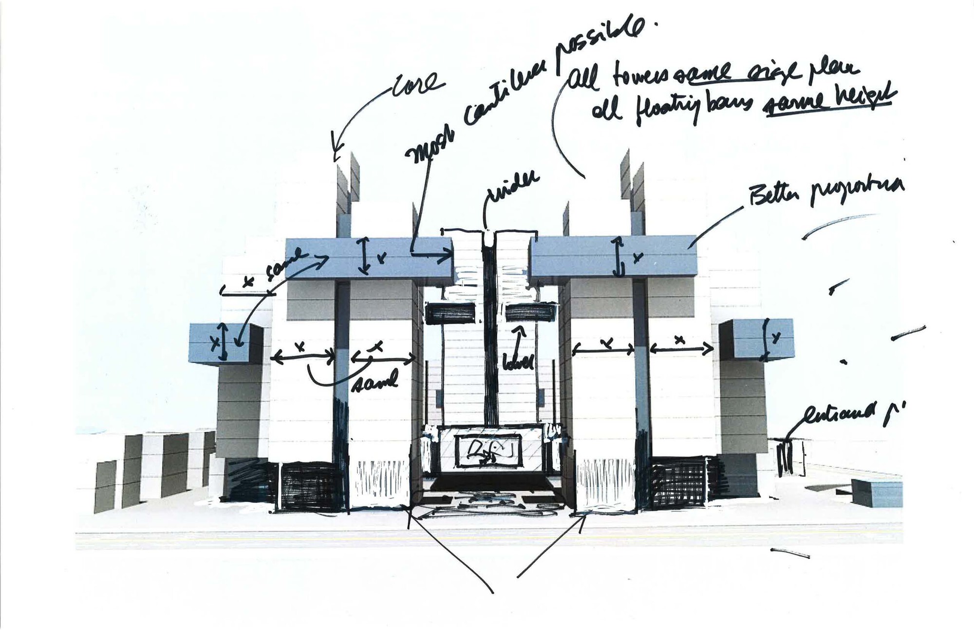 Annotated front elevation sketch depicting the entrance canopy and flanking tower structures with arrows
