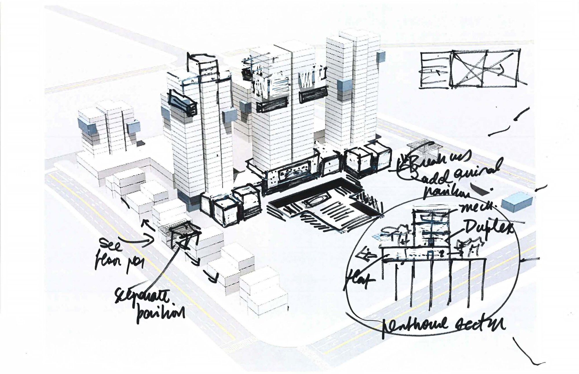 Axonometric sketch showing clustered towers around a central plaza with handwritten circulation notes