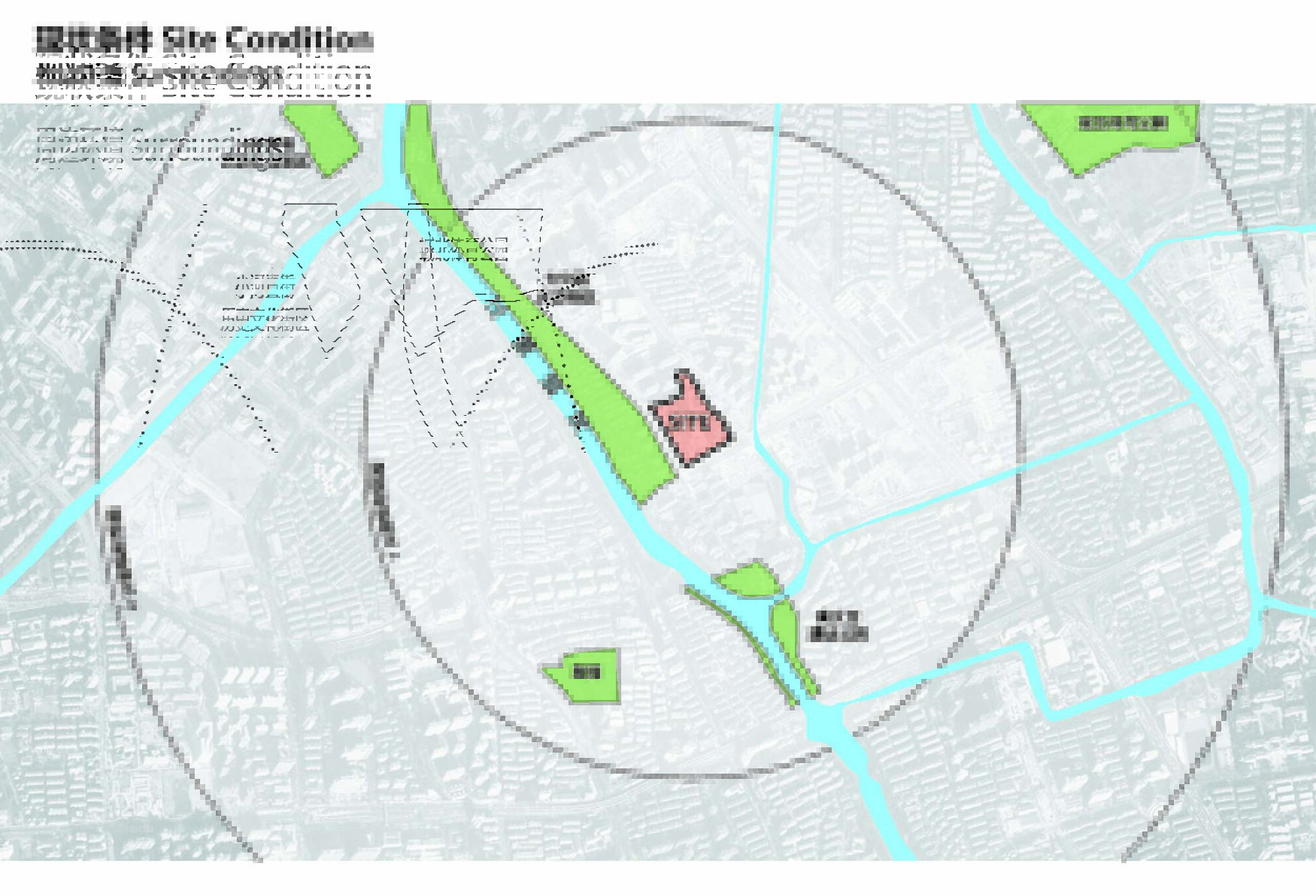 Site condition diagram mapping the project parcel among surrounding green spaces and waterways