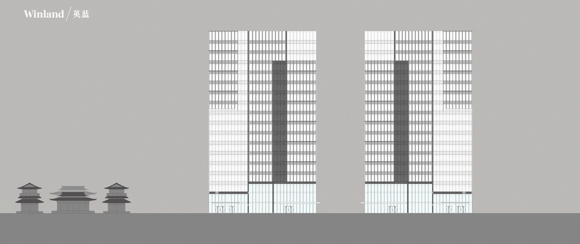 Elevation drawing showing twin high-rise towers with gridded facades beside traditional temple silhouettes