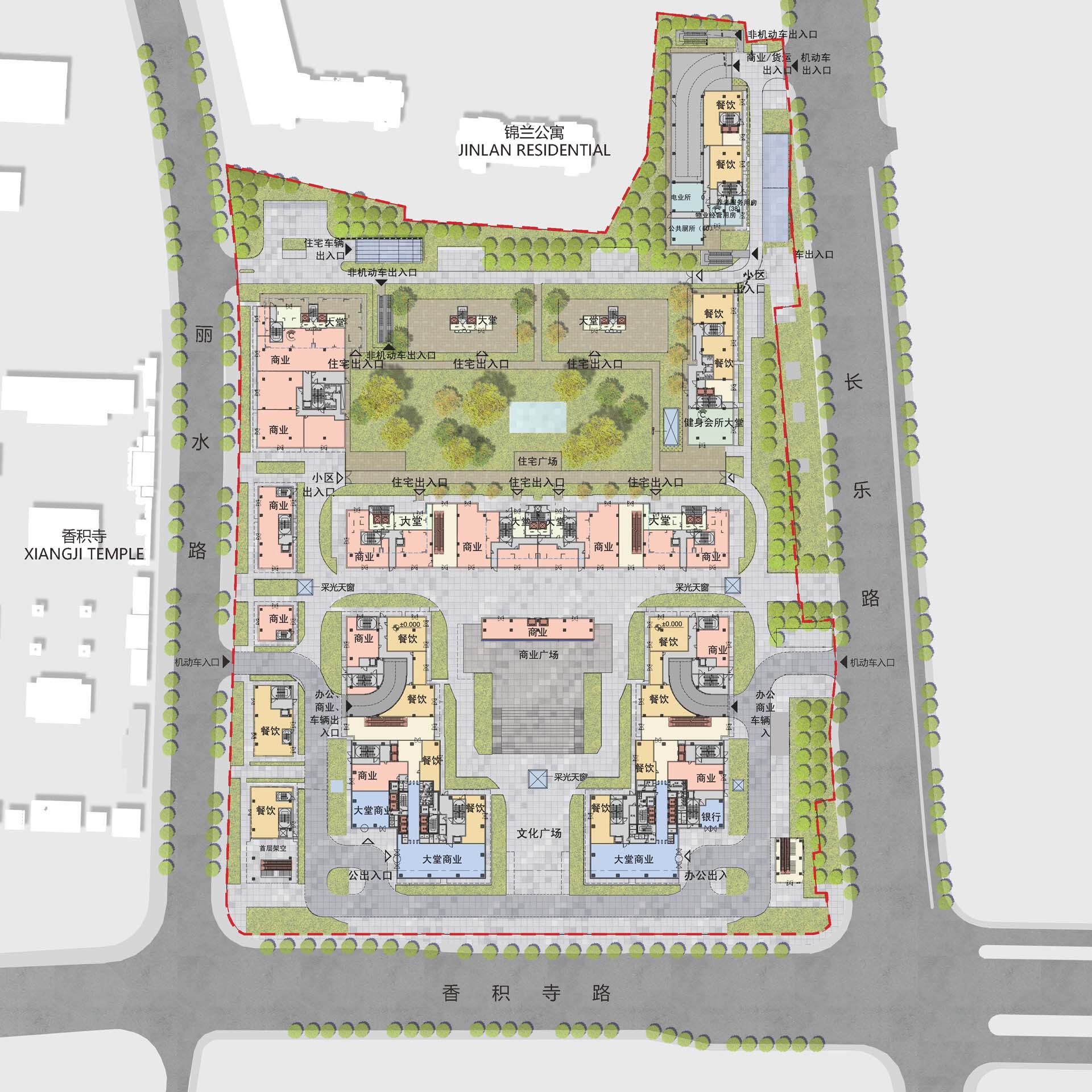 Site plan drawing showing residential blocks arranged around central courtyards with landscaping and perimeter tree planting