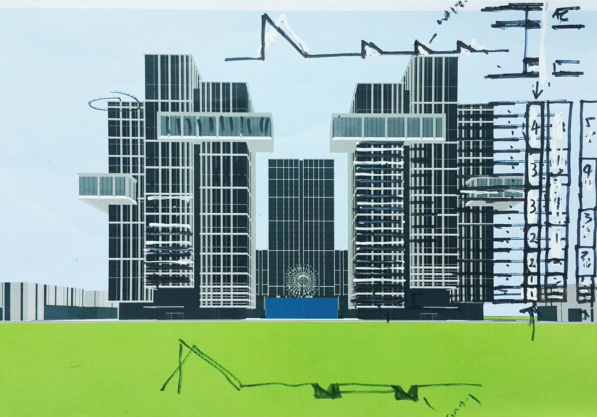 Elevation drawing of clustered towers with vertical striping above a green groundplane