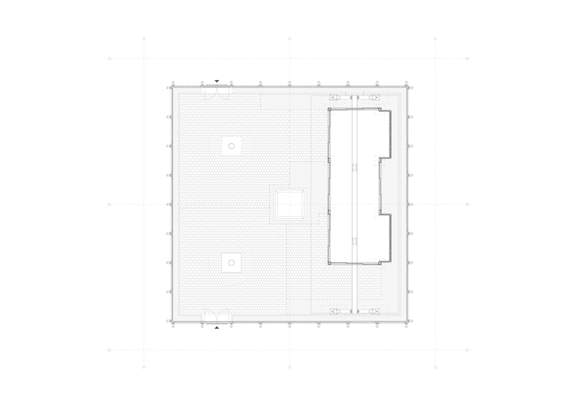 Roof plan drawing showing a rectangular volume positioned on a textured surface with circular elements