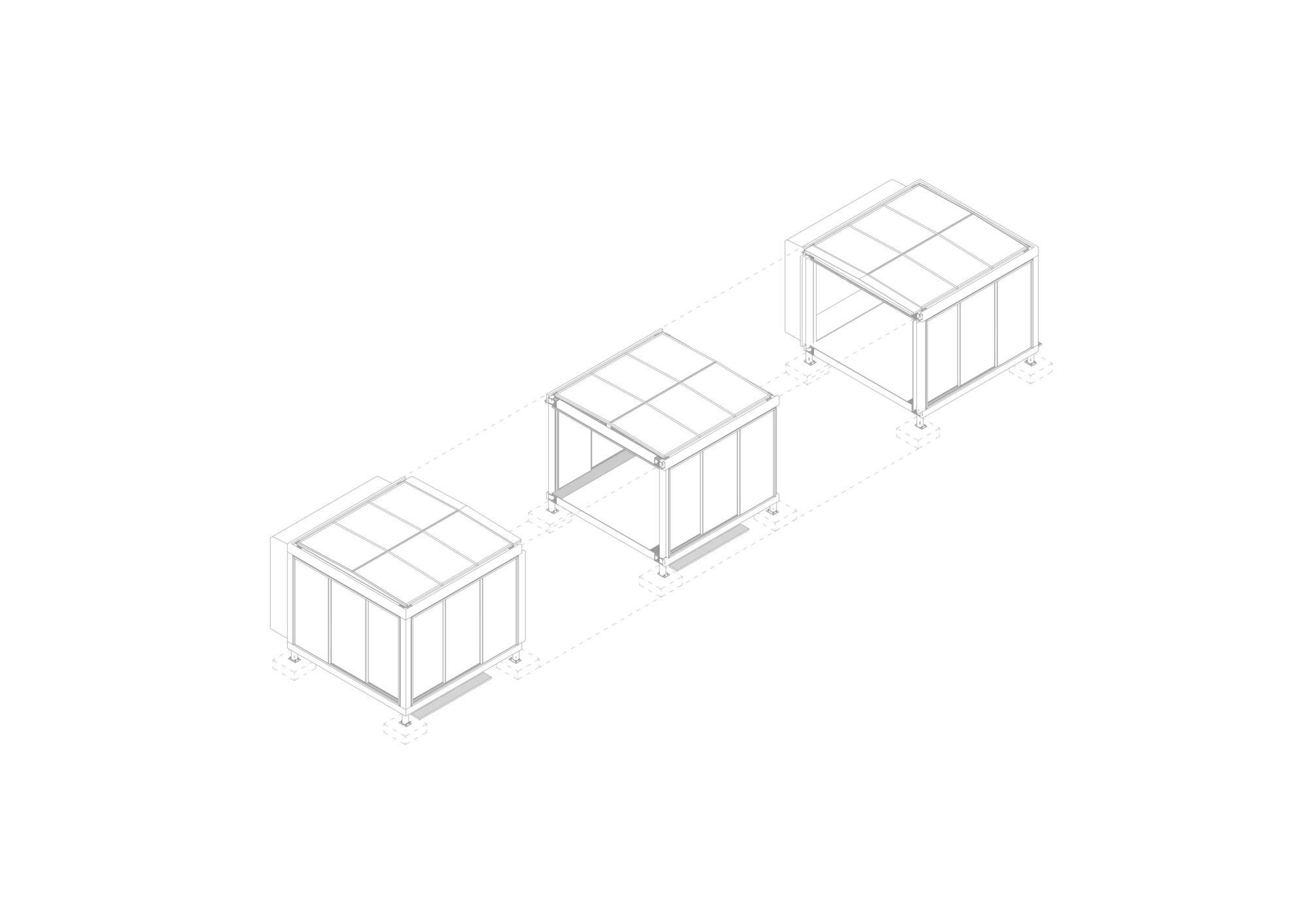 Axonometric drawing showing three modular pavilions with glazed walls and gridded roofs in sequence