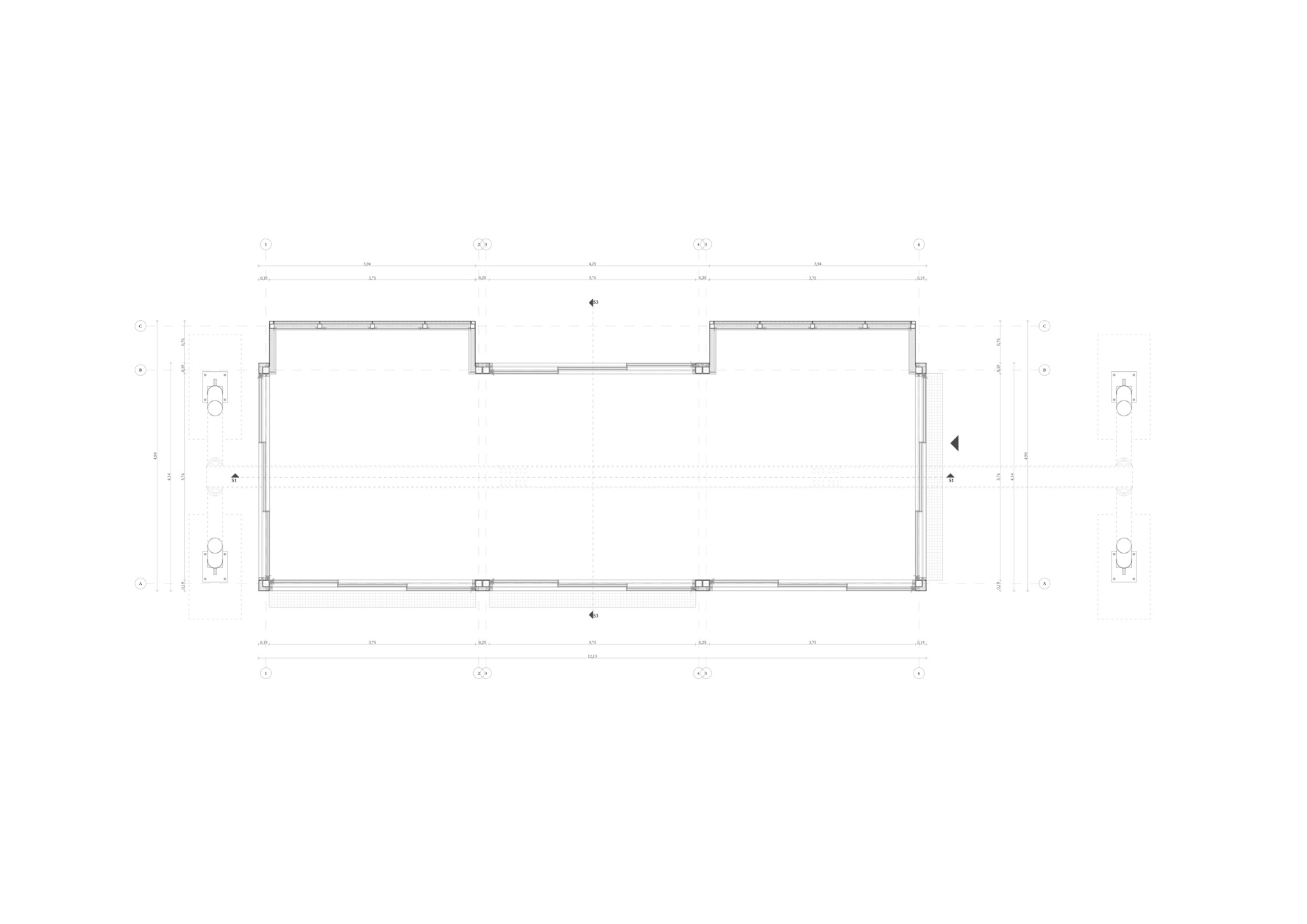 Floor plan drawing of a rectangular volume with dimension annotations and fixtures at the corners