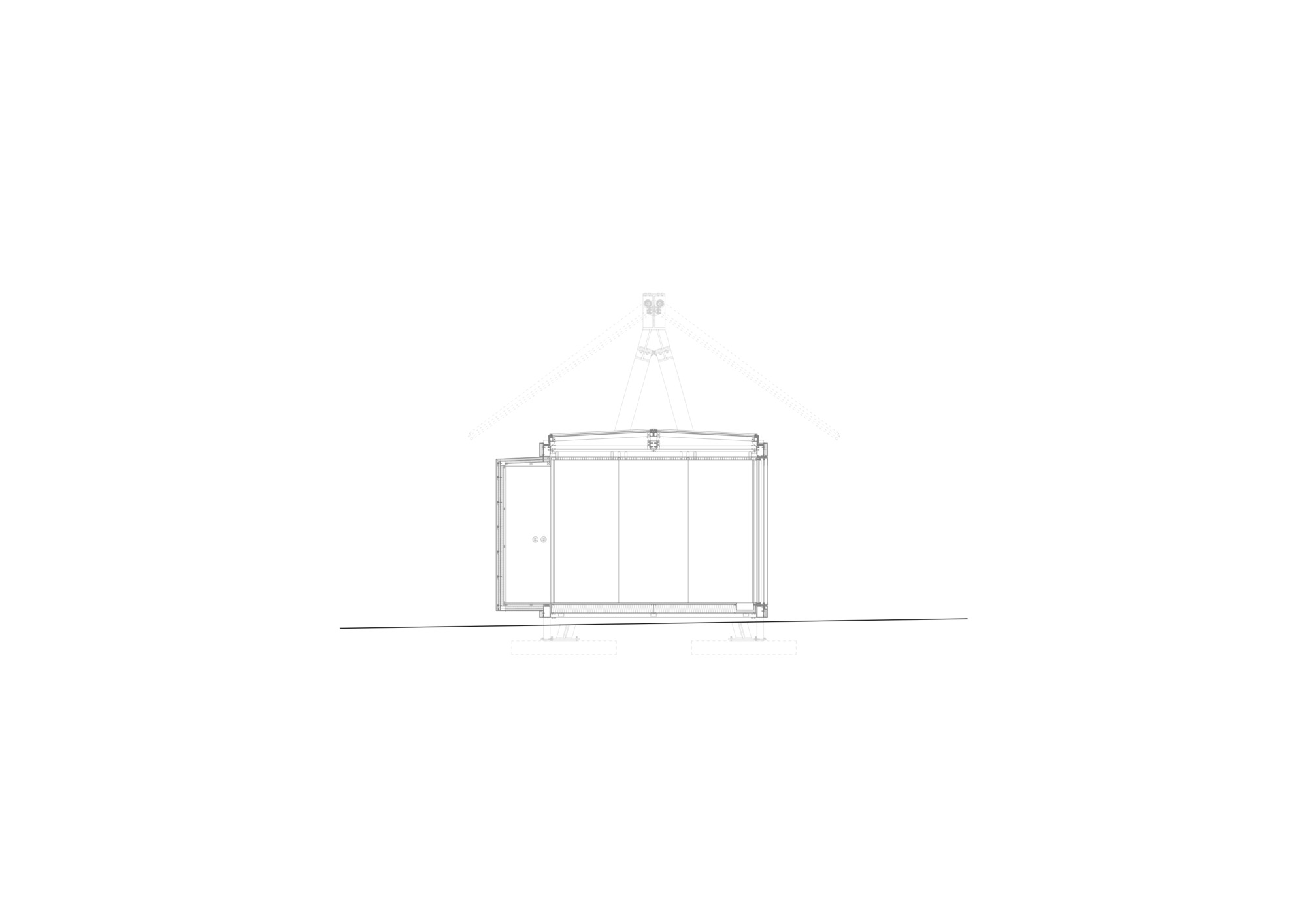 Section drawing showing a rectangular pavilion with a central chimney and suspended cable support system
