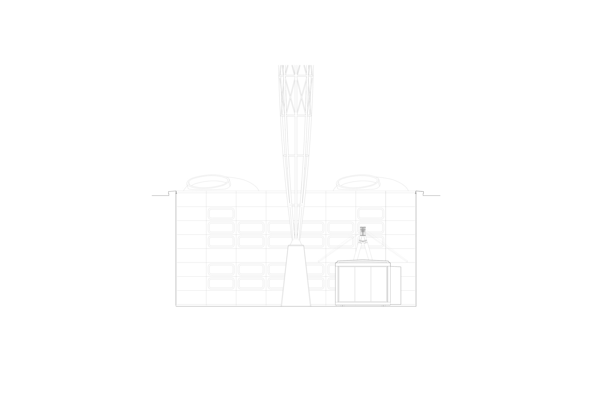 Elevation drawing depicting a central tower with radiating cables over a low horizontal structure flanked by residential blocks