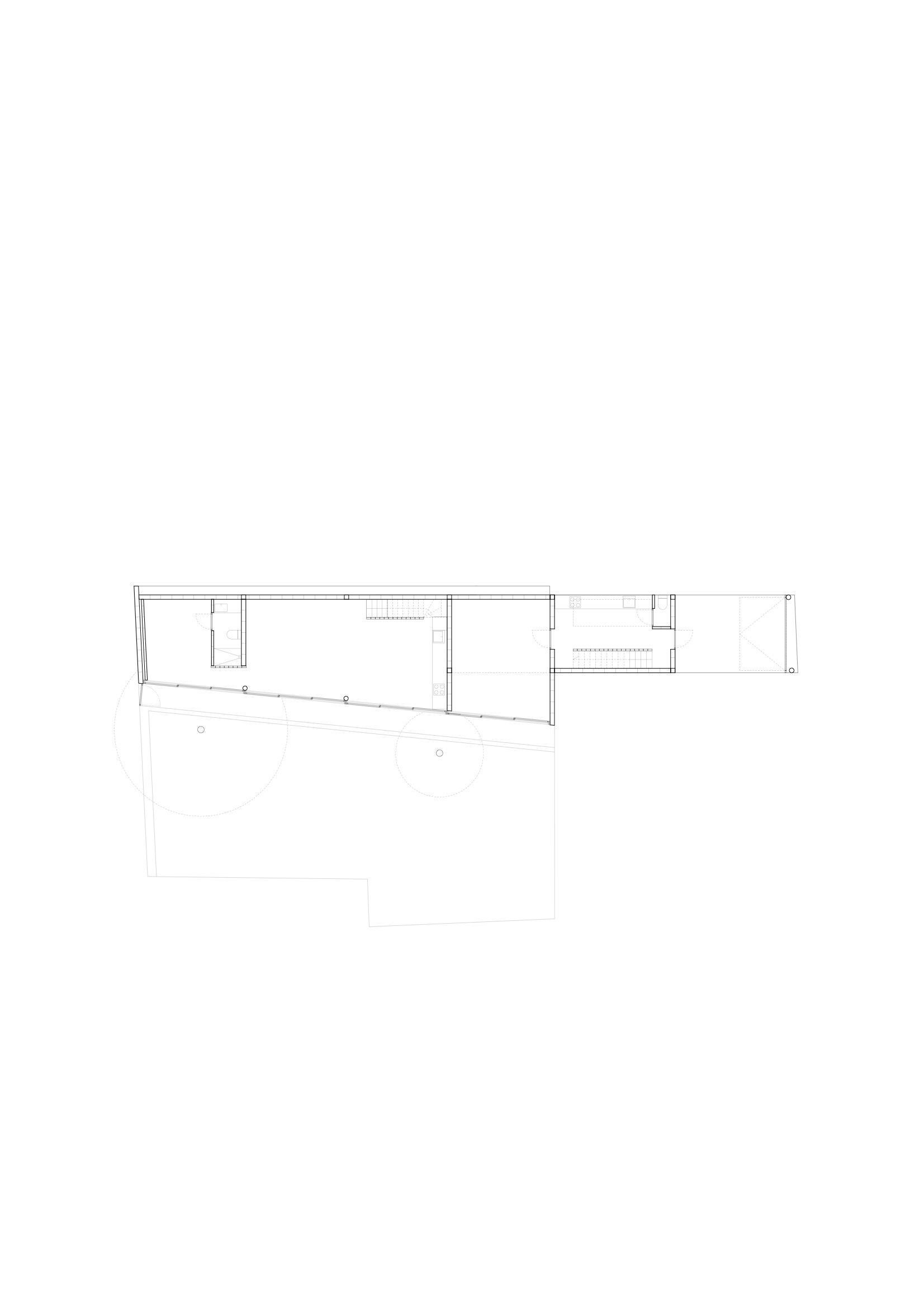 Floor plan drawing depicting an angular layout with terraces and interior room divisions