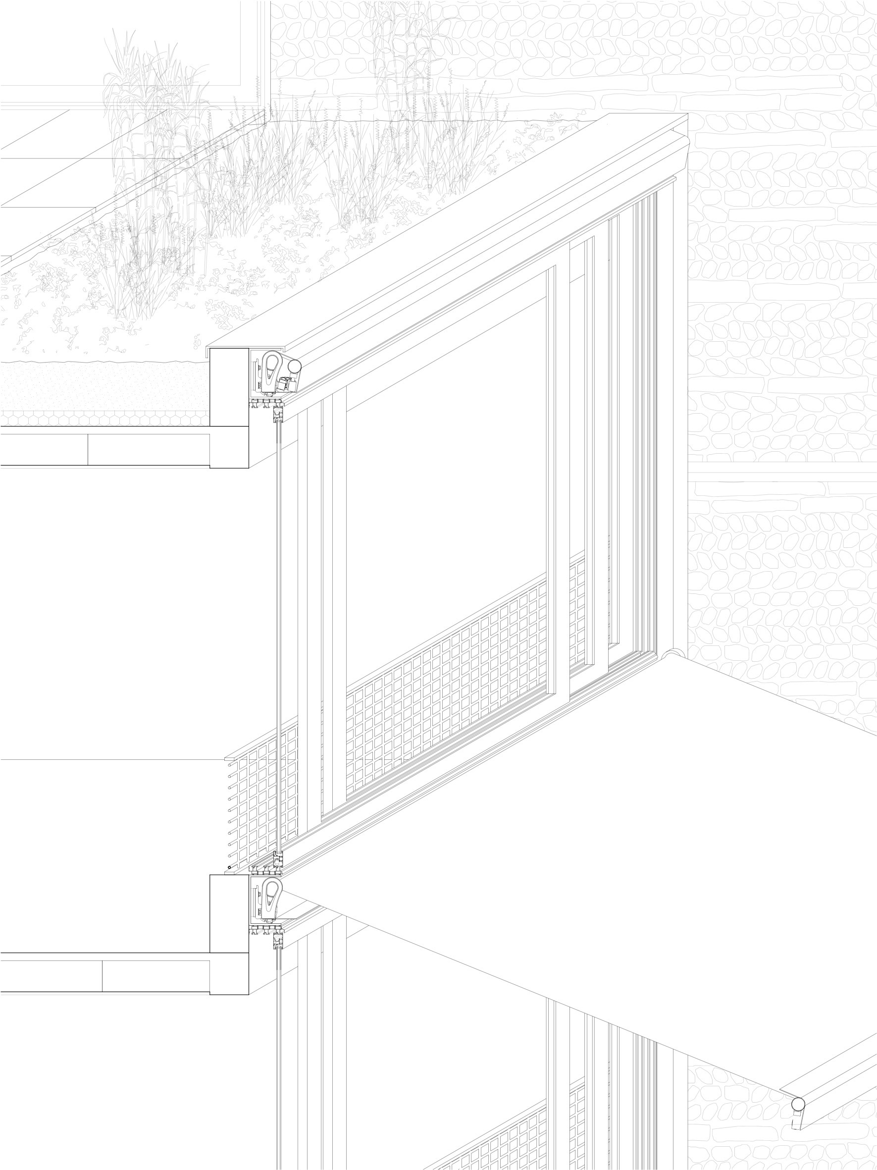Axonometric detail drawing showing sliding glass door assembly with mullions connecting two floor levels
