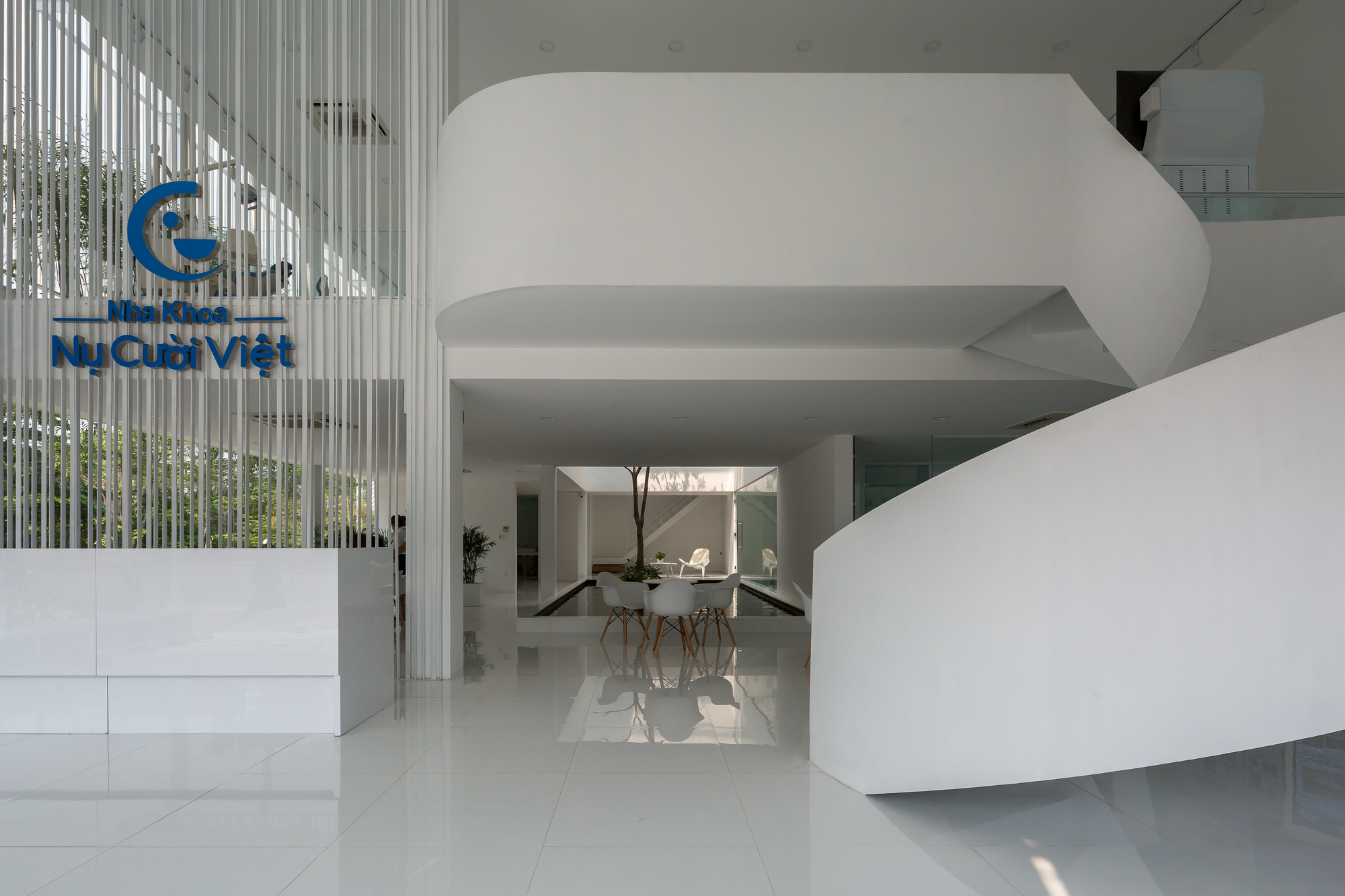 Reception area with curved white sculptural volume wrapping around a central courtyard with a tree