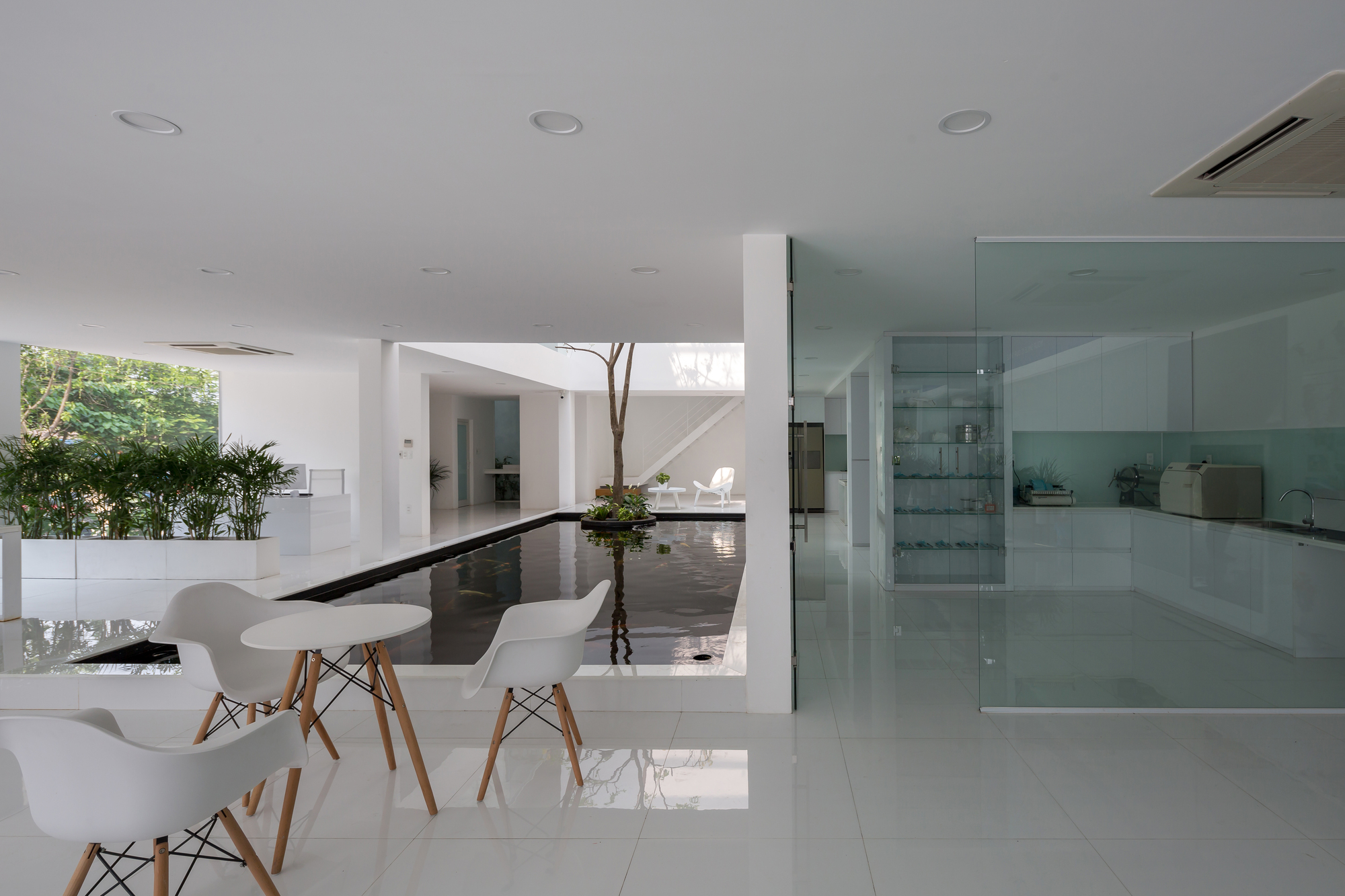 Interior view across polished white floor toward a courtyard with a reflecting pool and tree