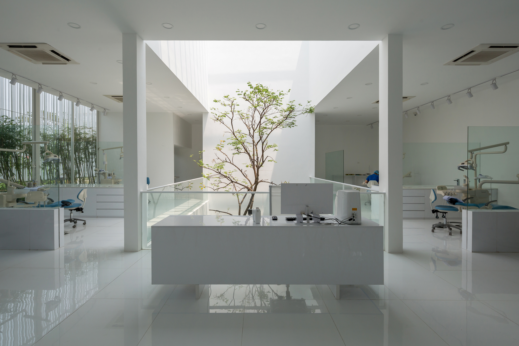 Central reception desk island beneath a courtyard tree surrounded by clinical workstations and glass partitions