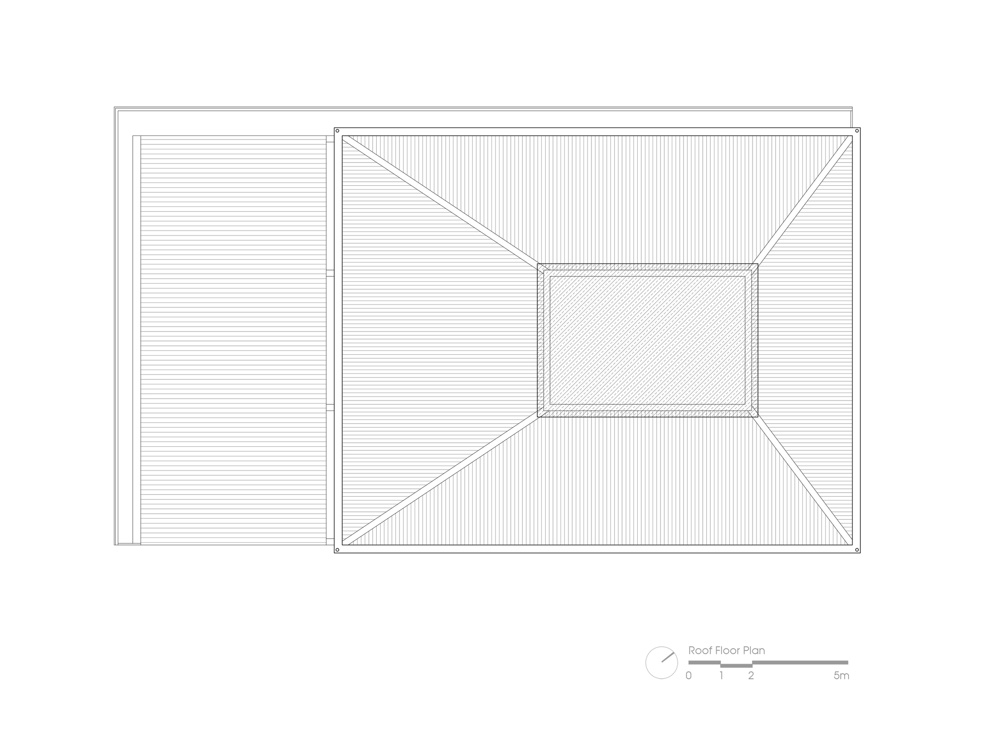 Roof plan drawing showing a hipped roof with central courtyard and diagonal slope lines