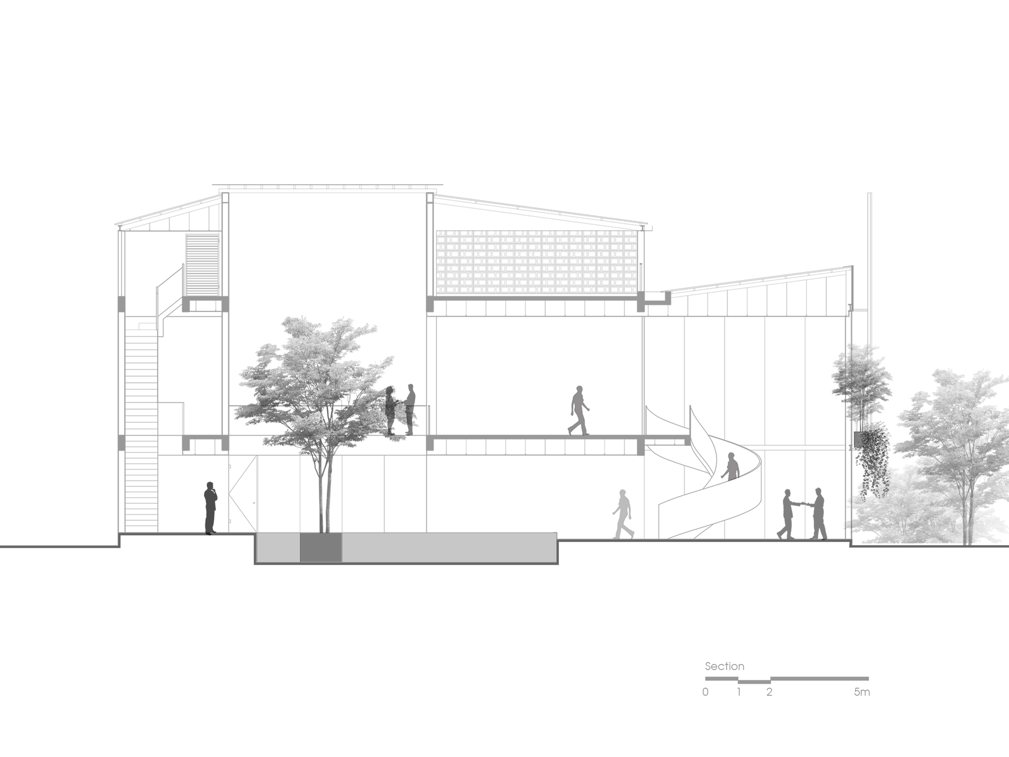 Section drawing showing the spiral staircase, multiple floors, and figures among interior trees