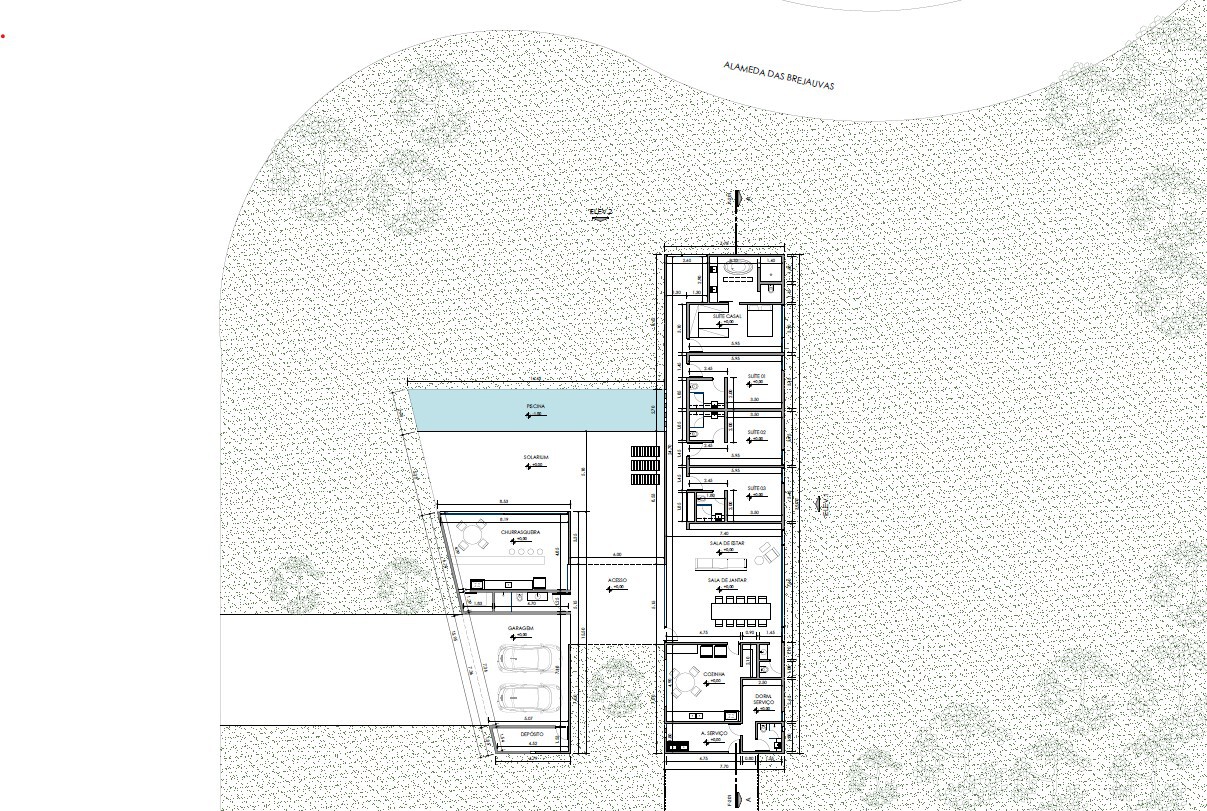 Site plan drawing showing an L-shaped residence with pool and stippled landscape surroundings