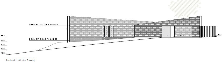 Elevation drawing showing the long brick facade on a sloping grade with vertical window bays