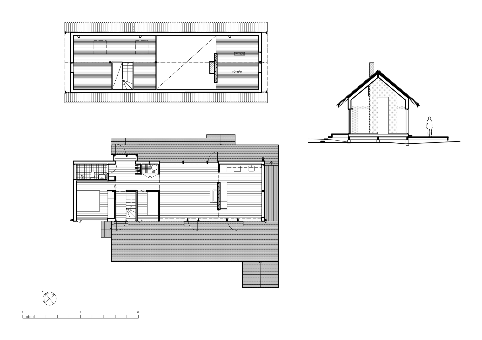 Floor plan and section drawing showing gable volume with loft and surrounding timber deck