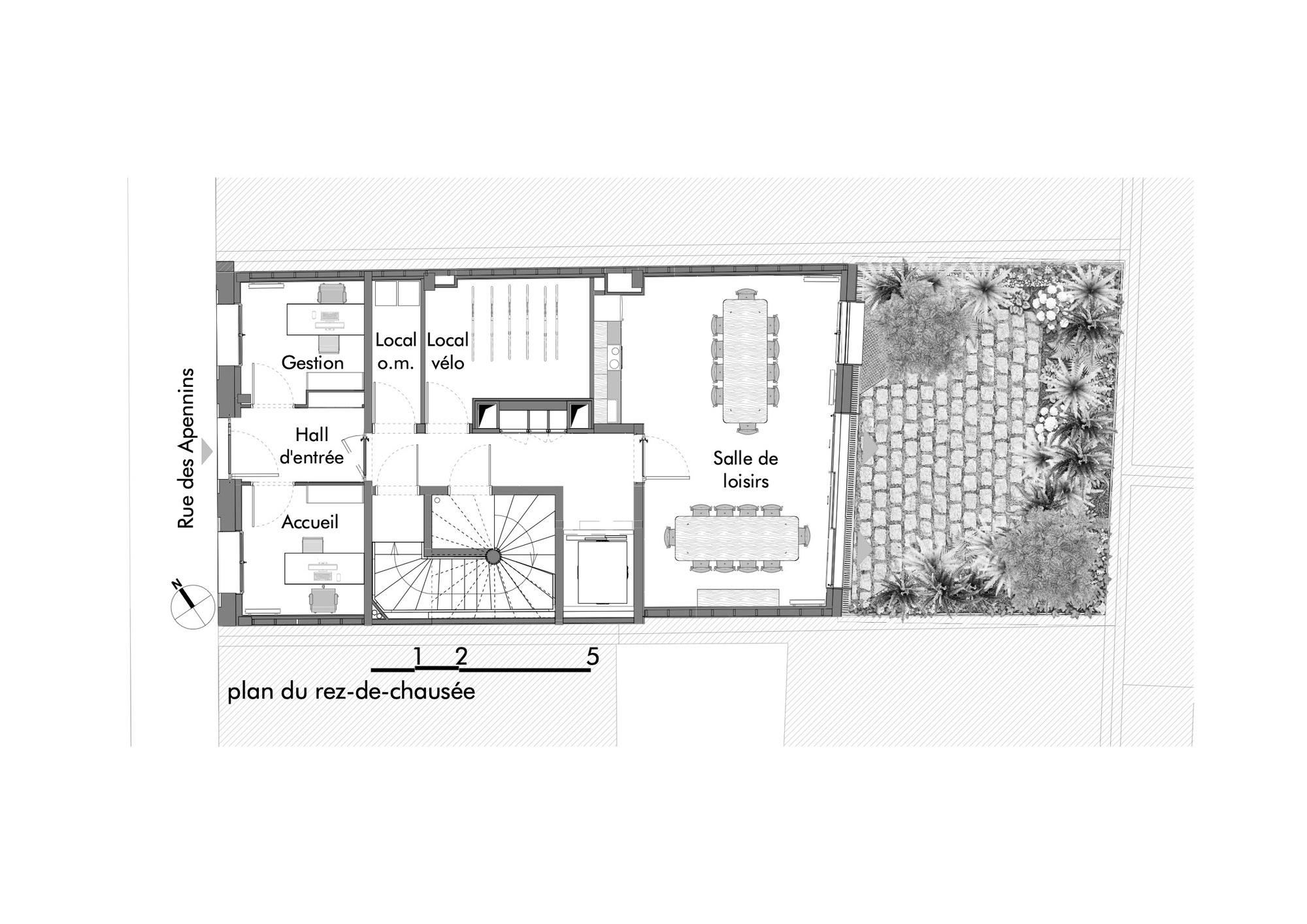 Ground floor plan drawing showing a central staircase flanked by reception areas and a paved courtyard with trees