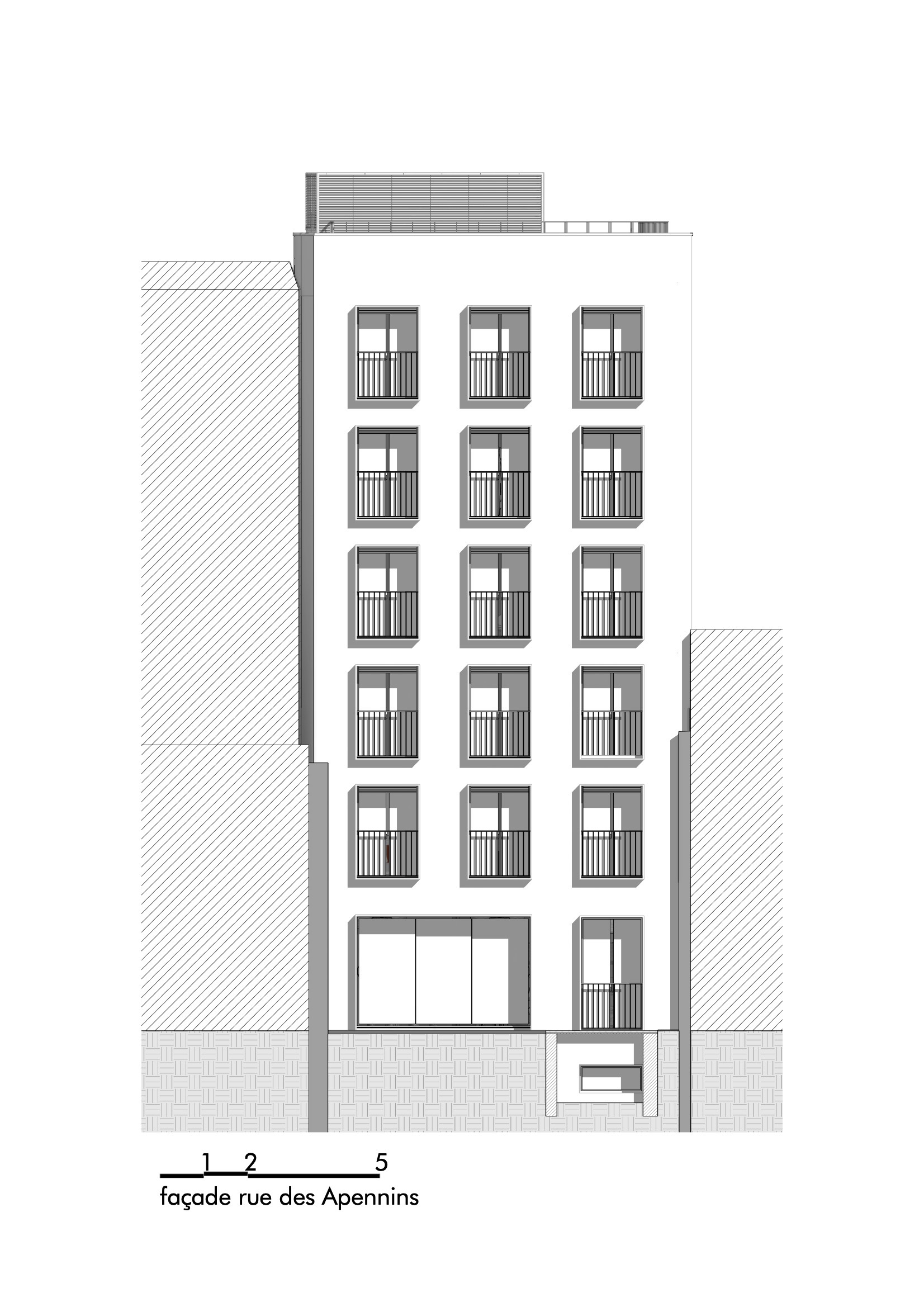 Street facade elevation drawing showing a six-story building with fifteen balconied windows and a ground-floor entrance