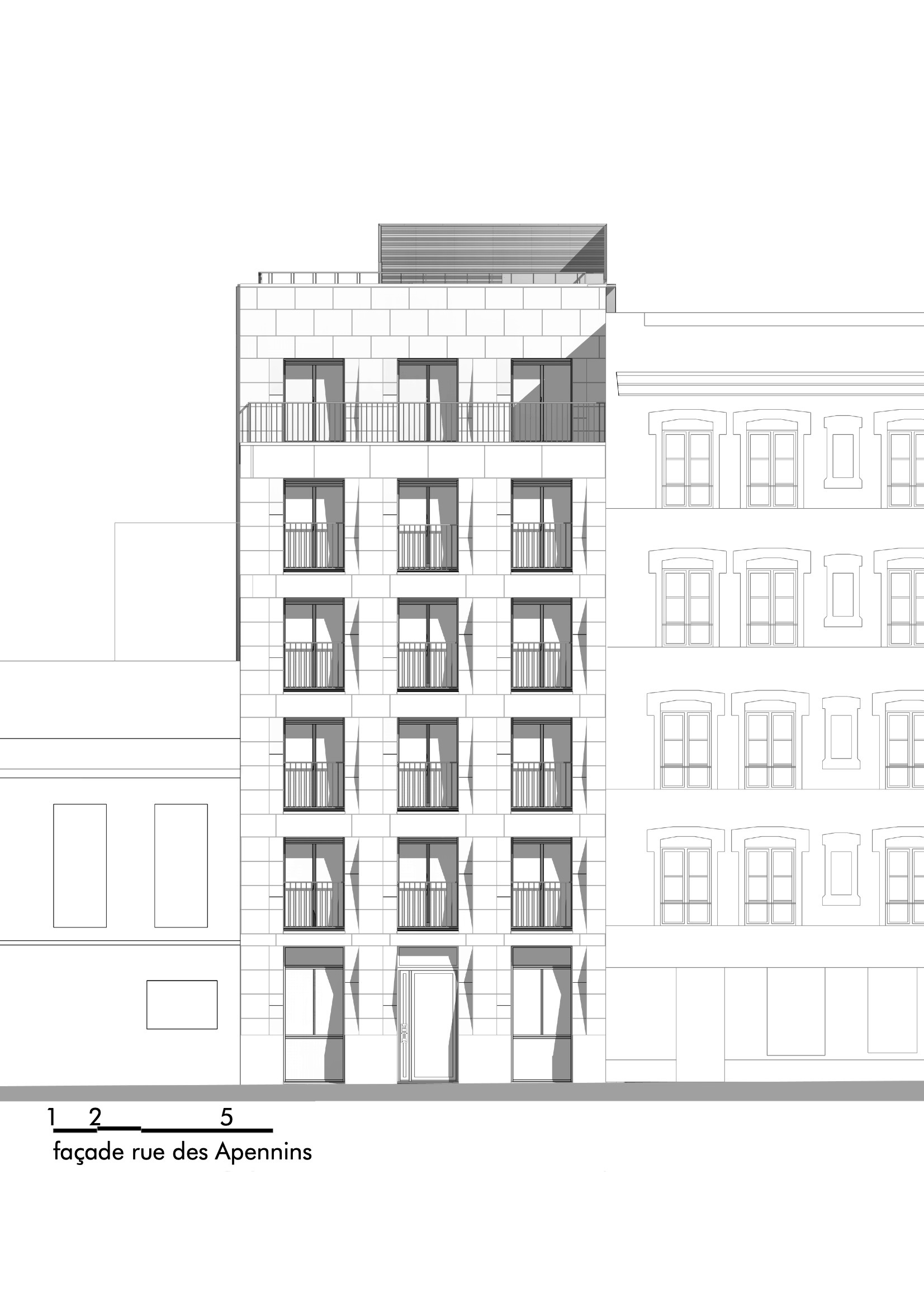Street facade elevation drawing showing the building in context with neighboring structures rendered in outline