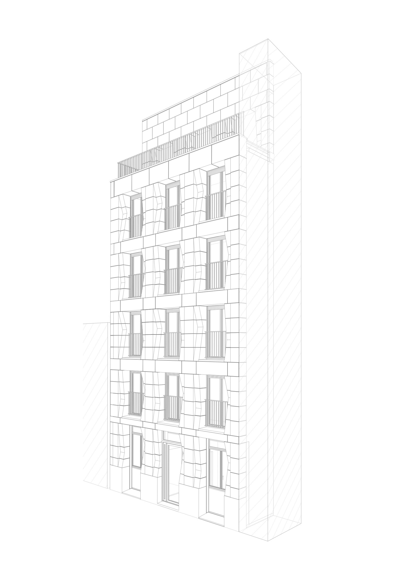 Axonometric drawing of the street facade showing the window openings and balconies in three-dimensional relief