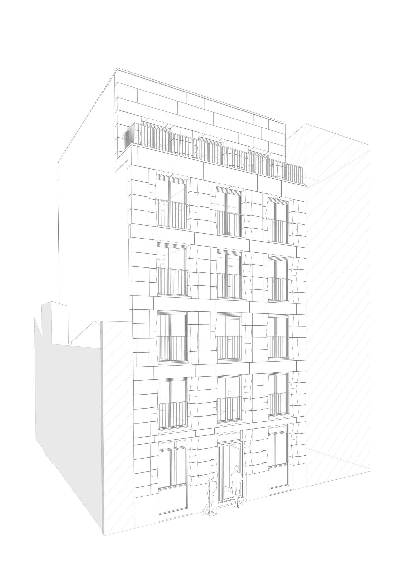Axonometric drawing of the building showing the facade with surrounding volumes rendered as solid masses