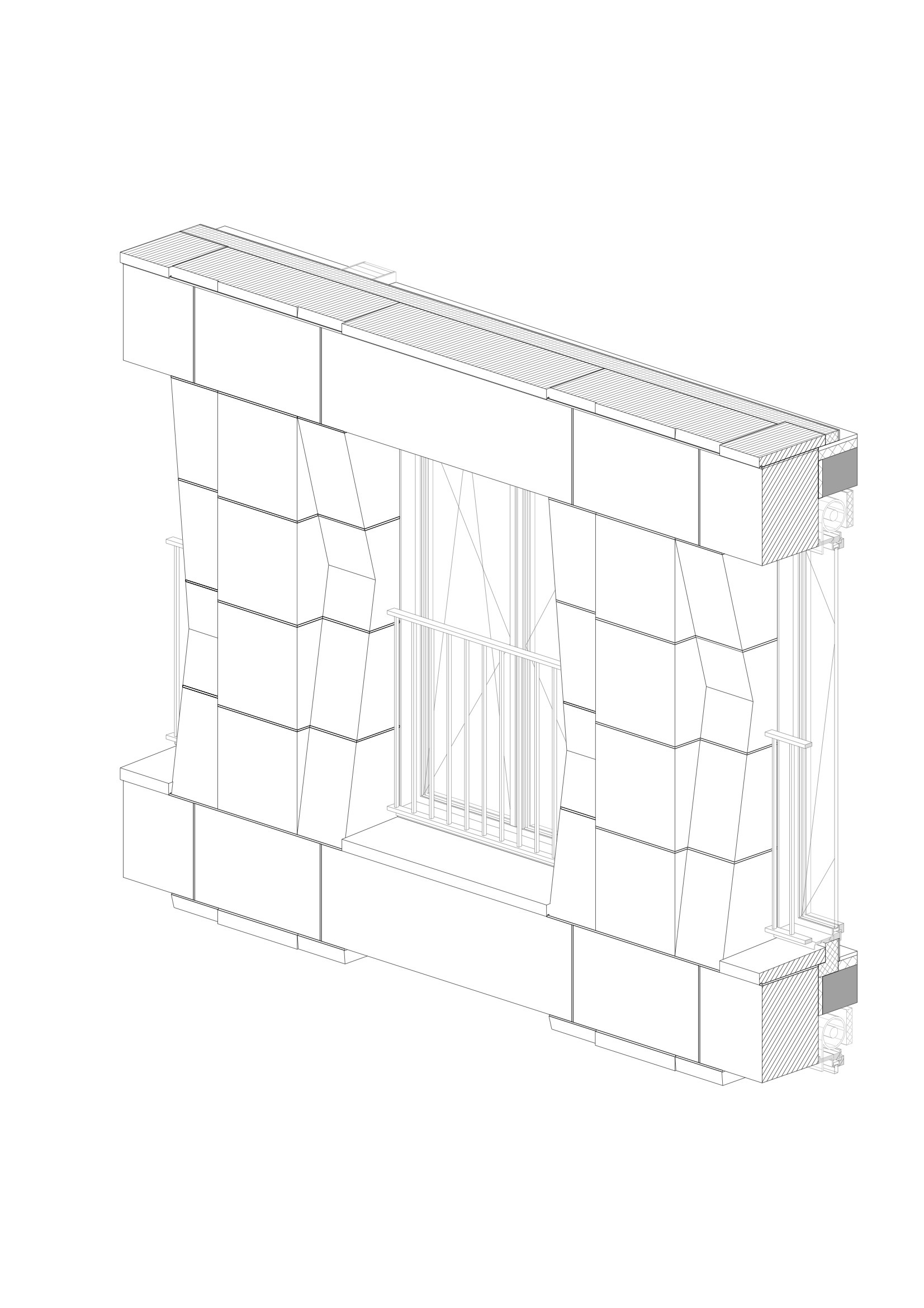 Axonometric drawing showing layered facade assembly with window opening and cladding panels