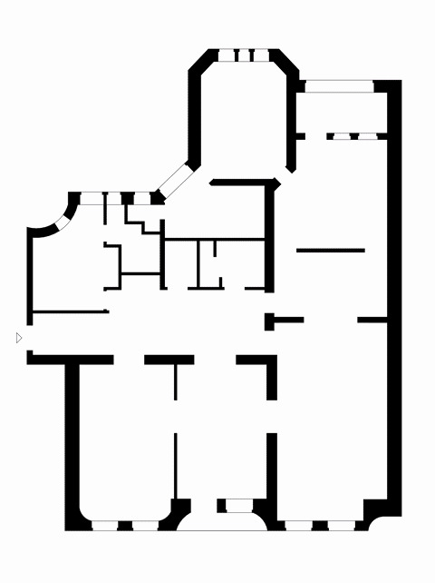 Floor plan drawing showing an irregular layout with interlocking rectangular rooms and curved corner elements