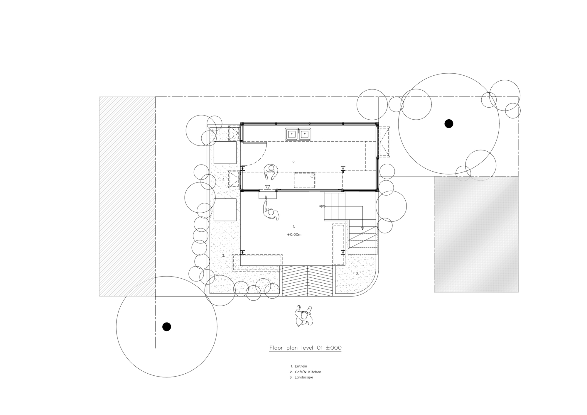 Floor plan drawing showing rectangular volumes with stairwell and surrounding tree canopies