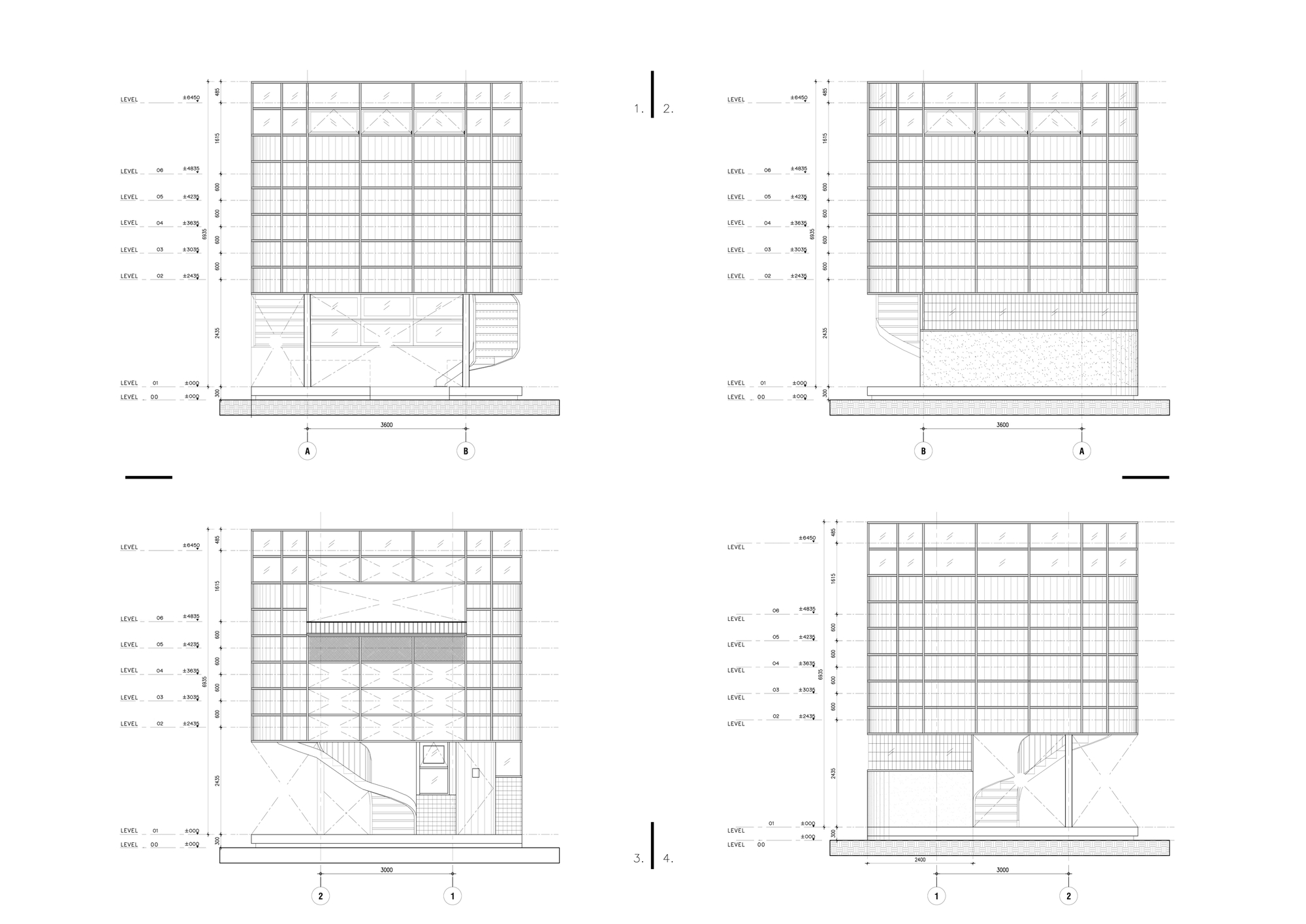 Four elevation drawings showing gridded facades with variations of openings and stairs