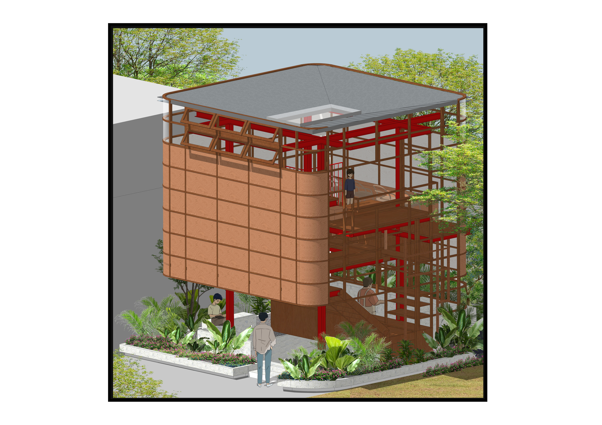 Axonometric rendering of a three-storey timber and red steel frame structure with planted beds