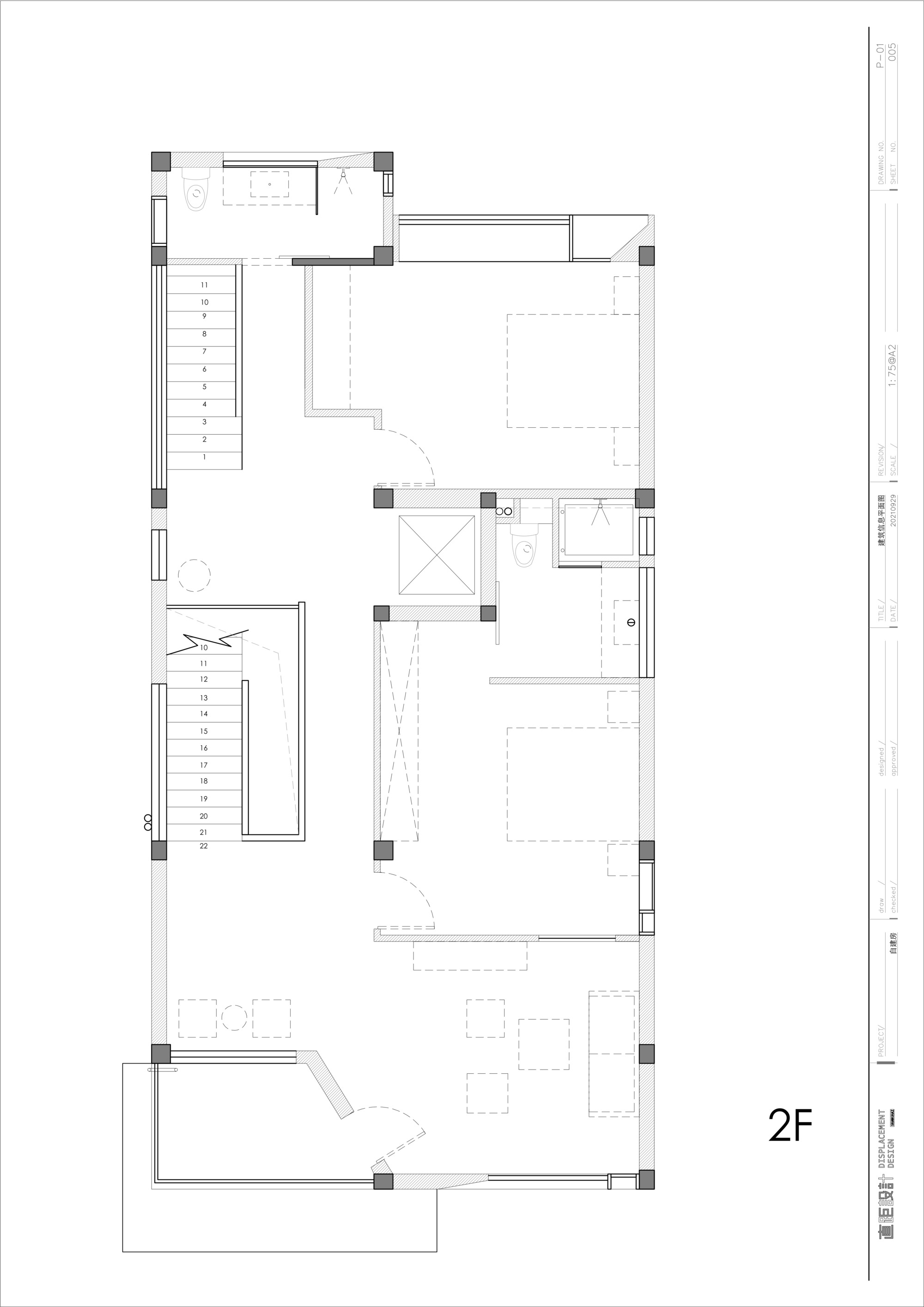 Second floor plan depicting bedroom spaces, central staircase, and balcony extension
