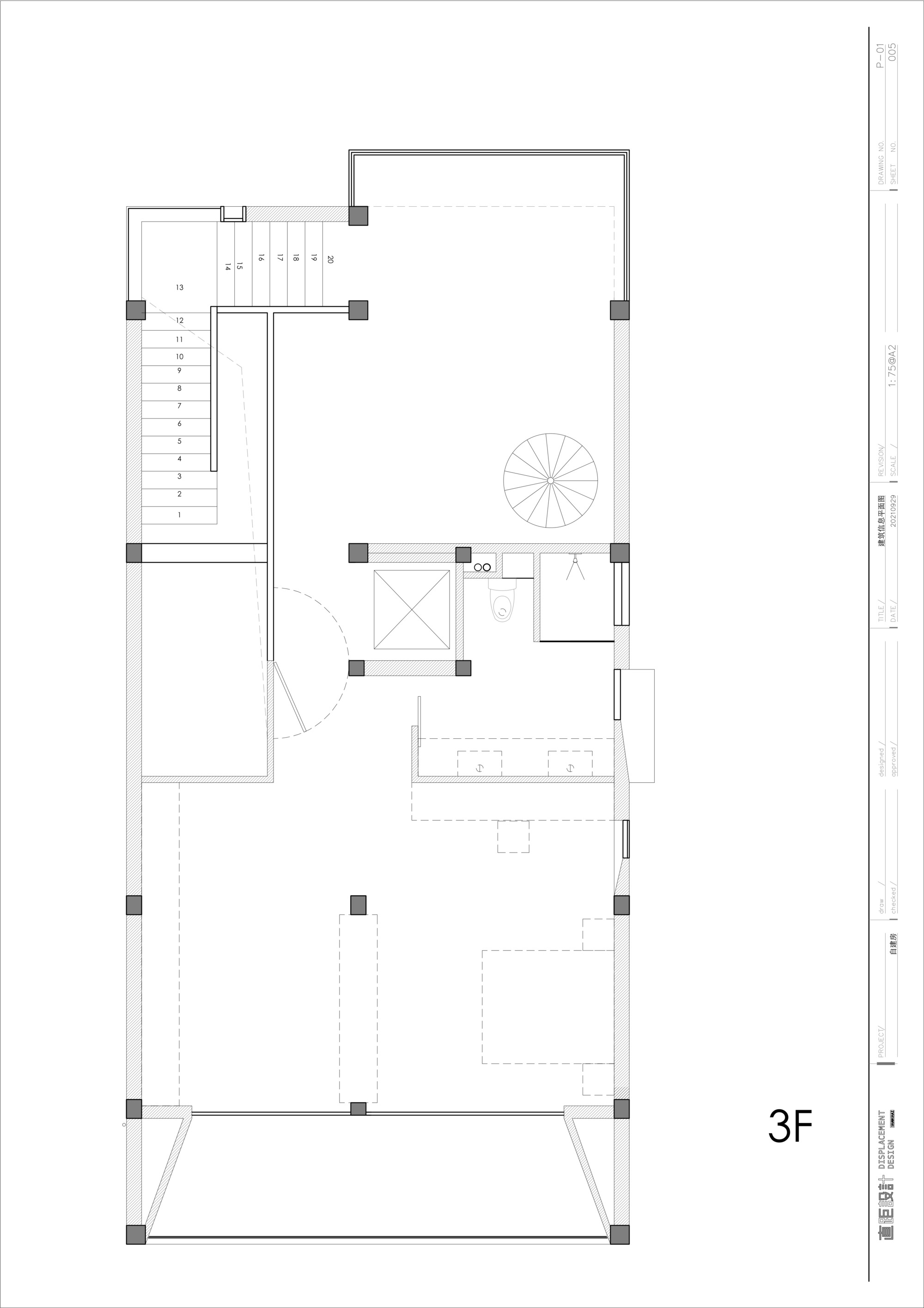 Third floor plan featuring spiral staircase, enclosed room, and open terrace area