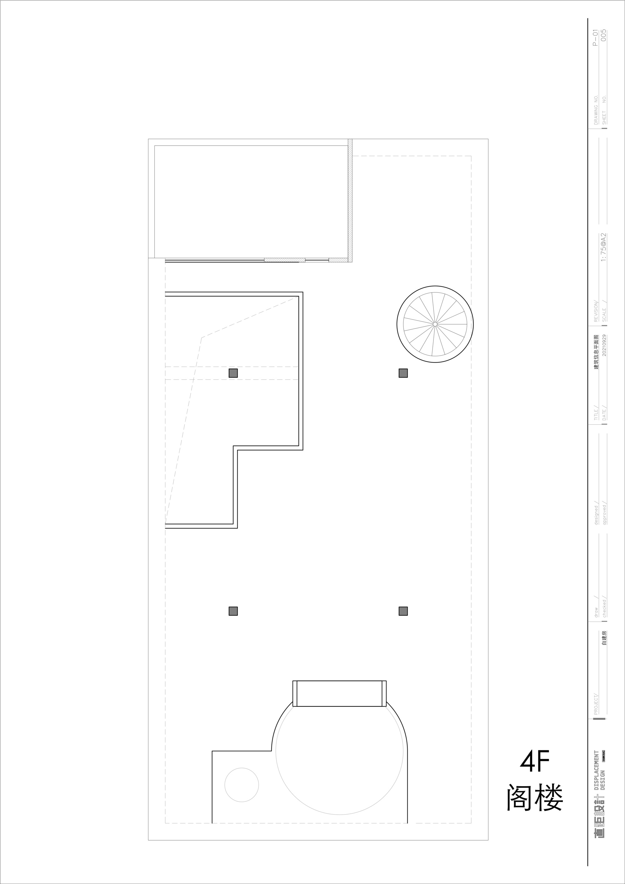 Fourth floor plan with rooftop terrace, spiral staircase, and curved balcony element
