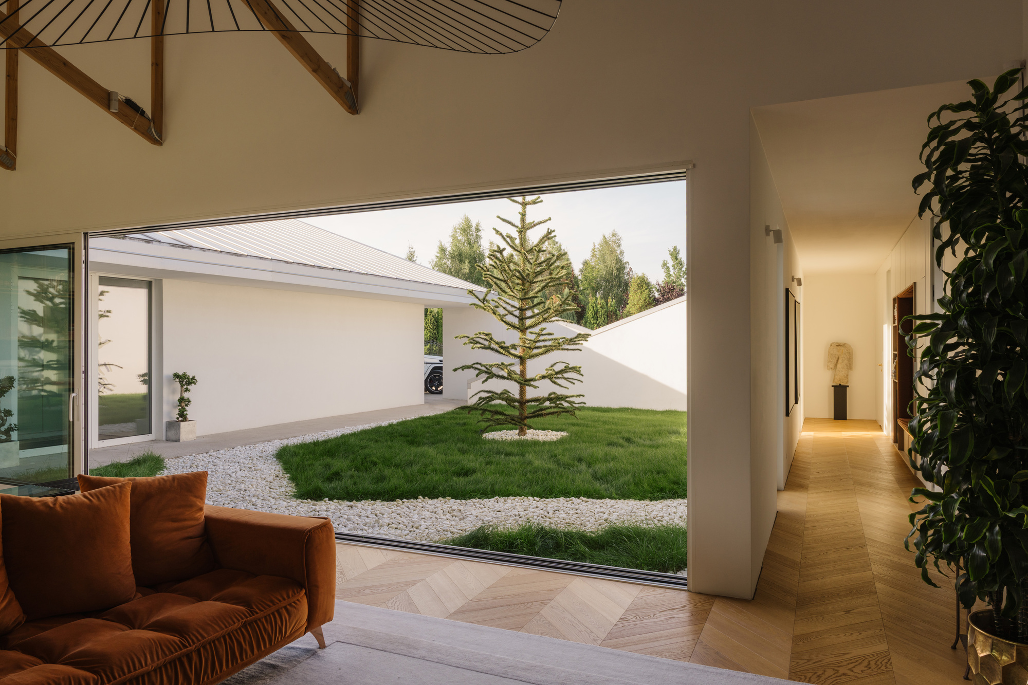 Interior view through glazed doors to courtyard with young conifer and gravel paths
