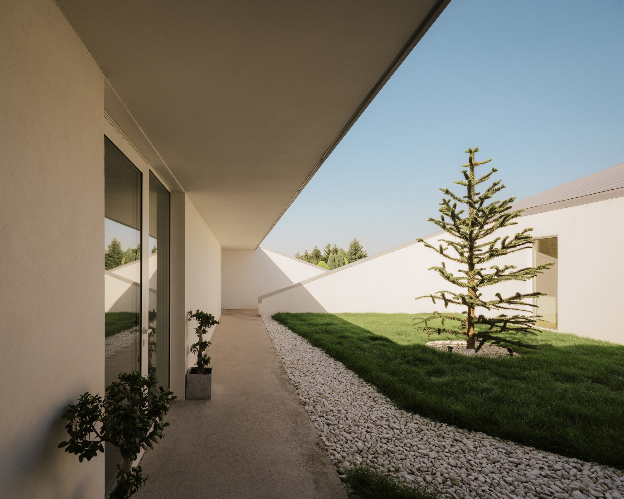 Covered walkway along courtyard edge with conifer tree and gravel strips between grass