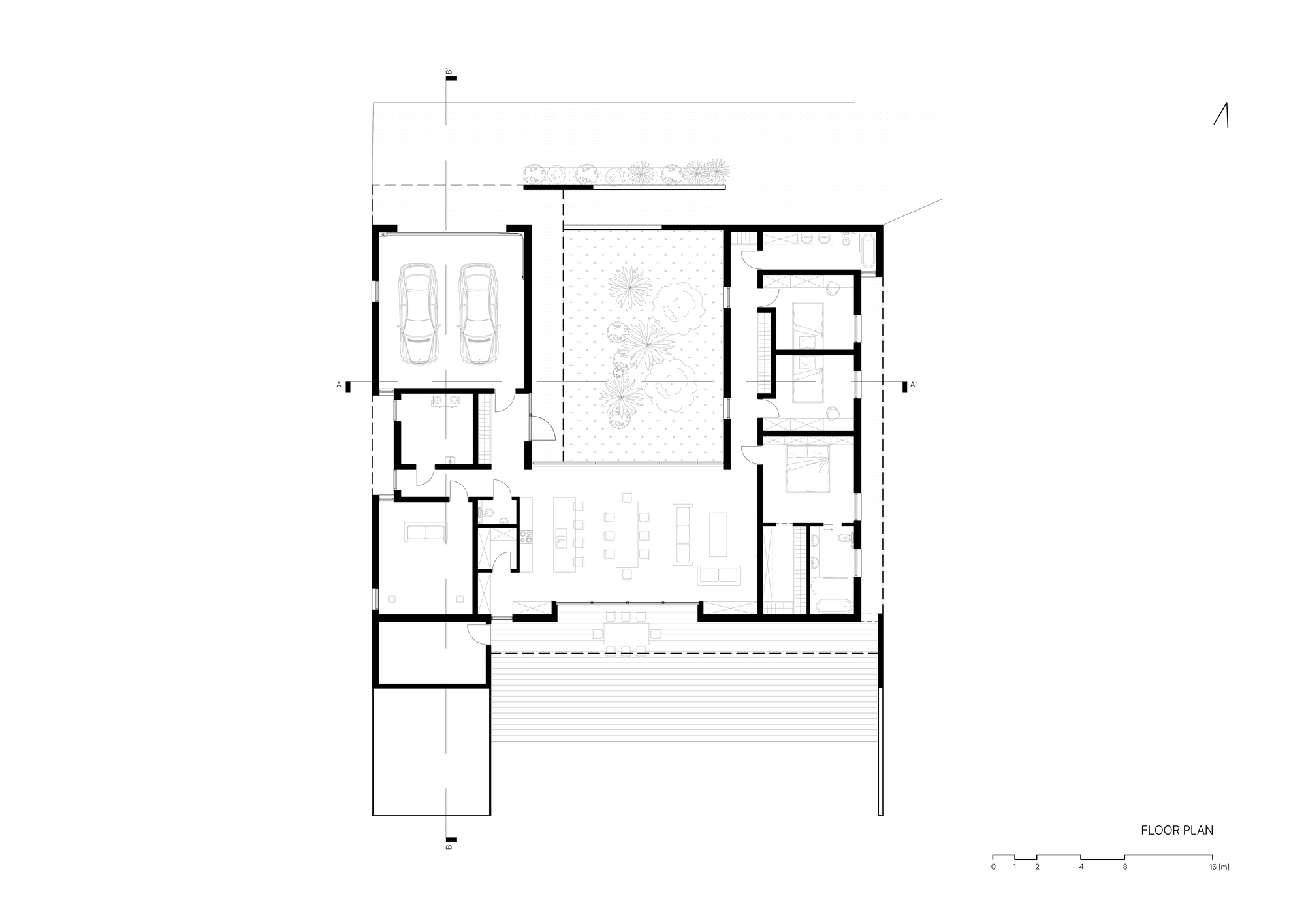 Floor plan drawing showing rooms arranged around a central courtyard with tree