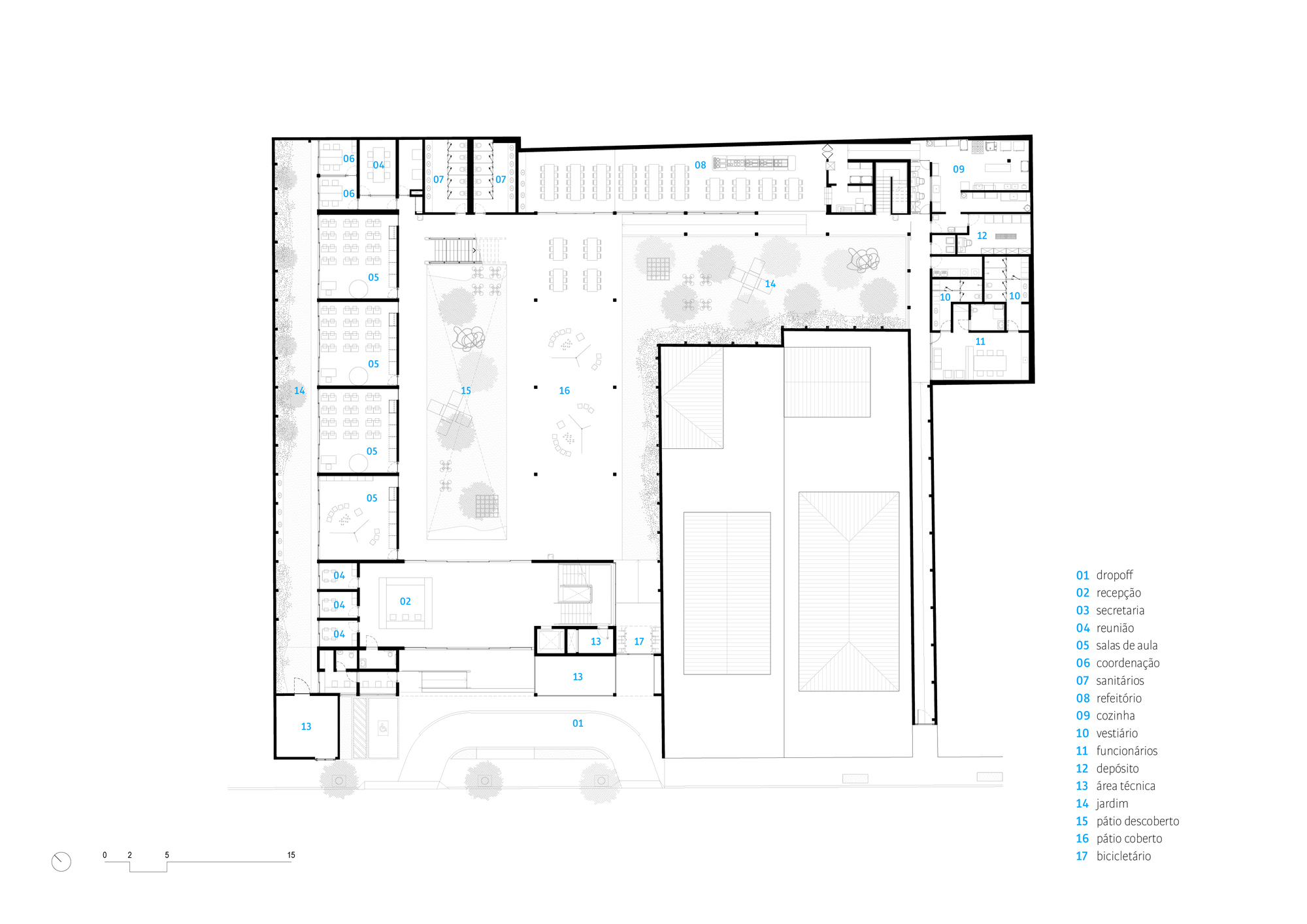 Ground floor plan drawing showing classrooms along the perimeter and two sports courts in the central volume