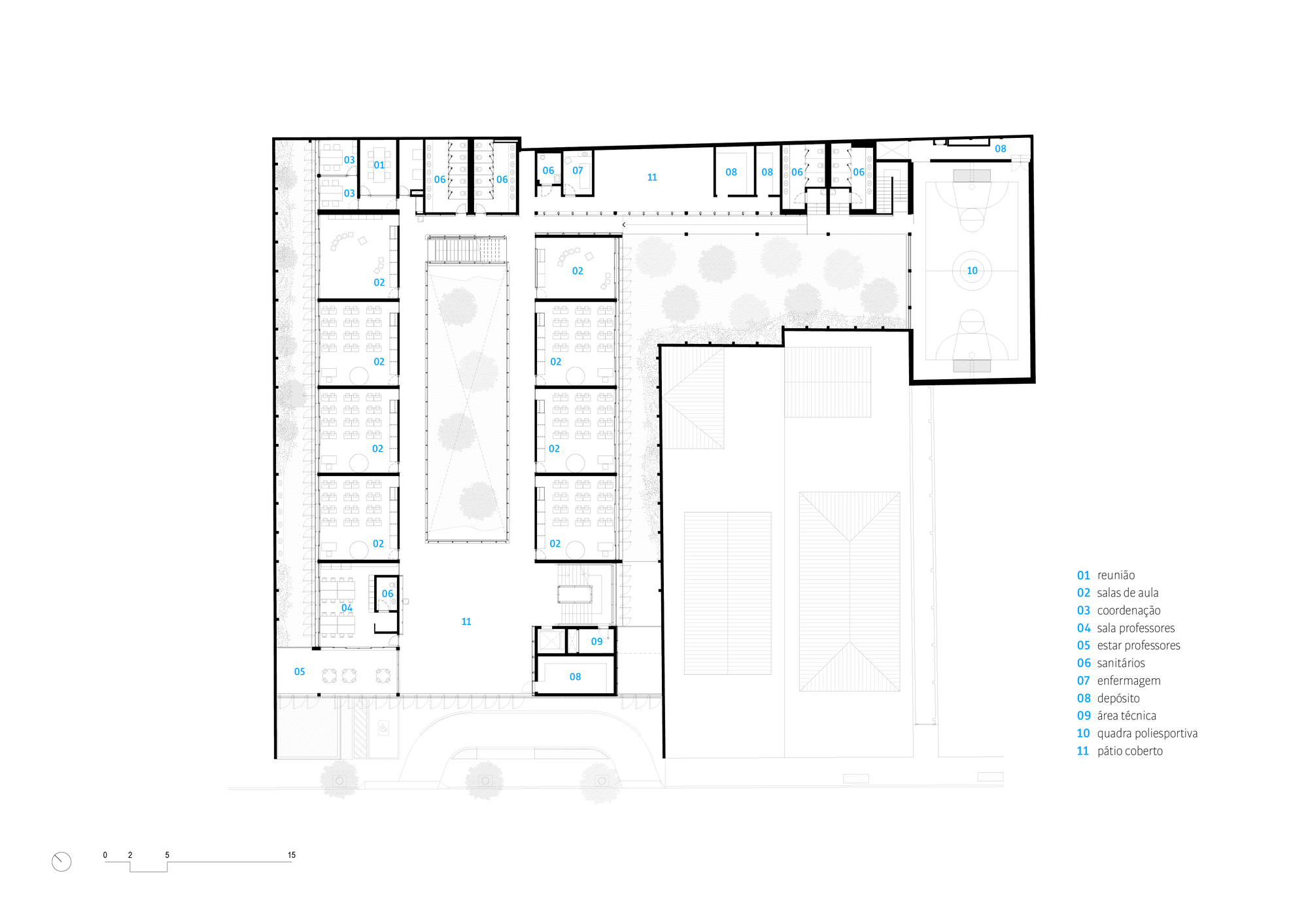 First floor plan drawing showing classrooms, circulation zones, and open space above the gymnasium courts