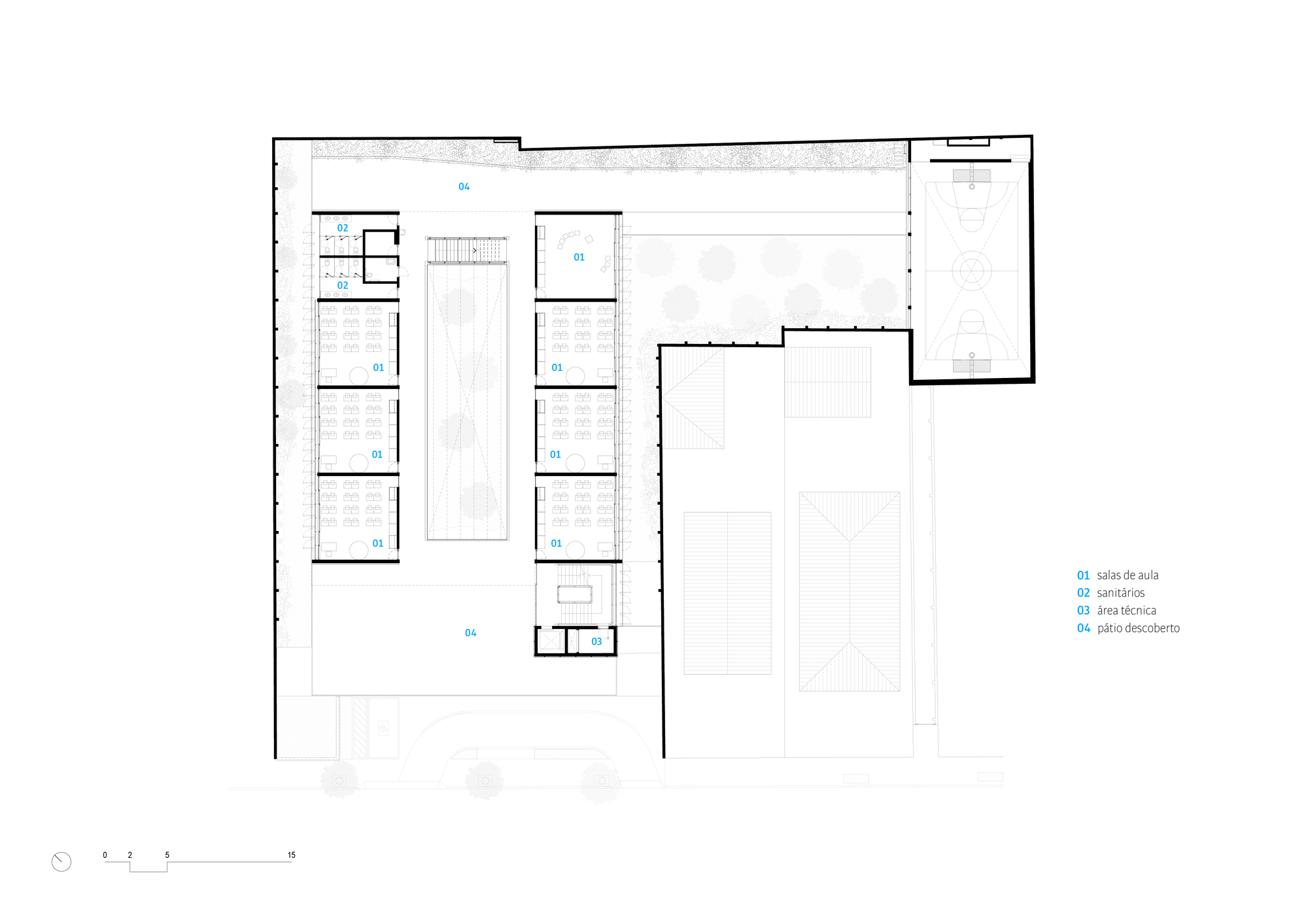 Second floor plan drawing showing classrooms, a terrace, and labeled program areas in the wing