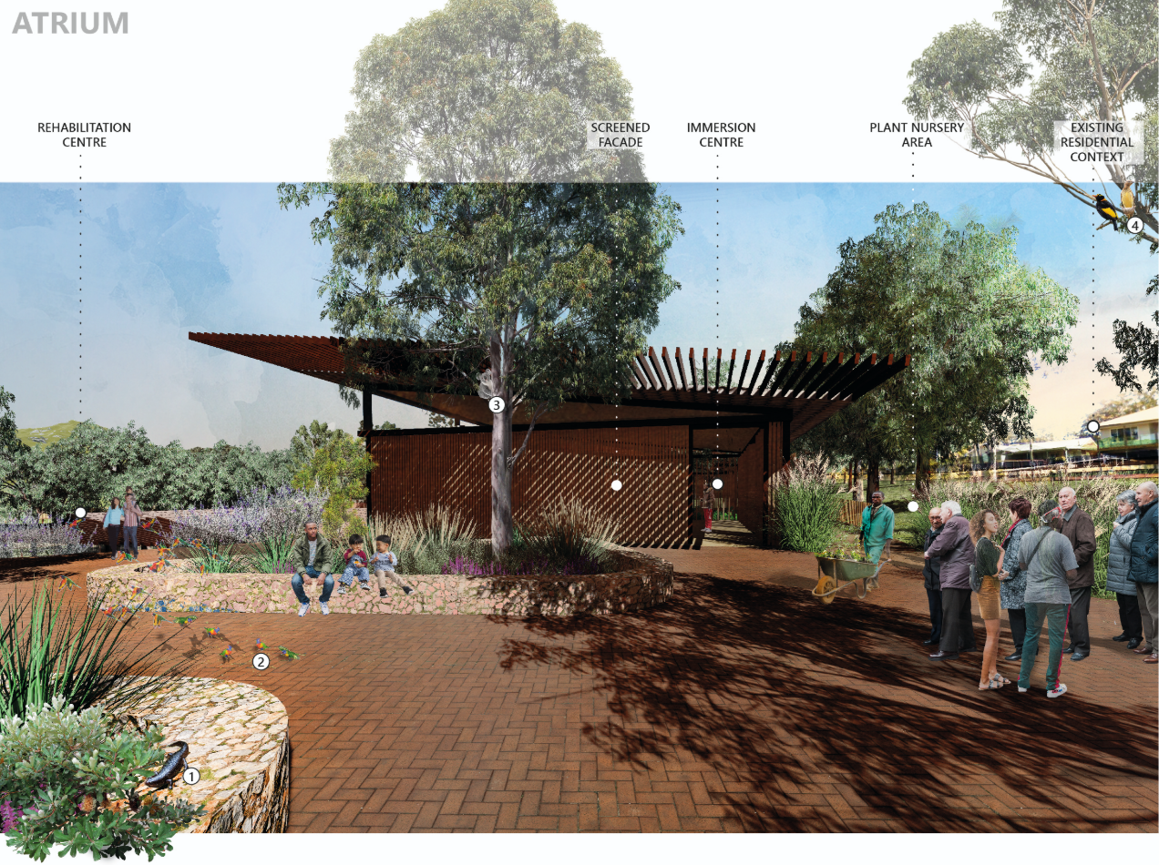 Timber-clad atrium entrance designed as a welcoming ecological interface between visitors, rehabilitation zones, and native vegetation.