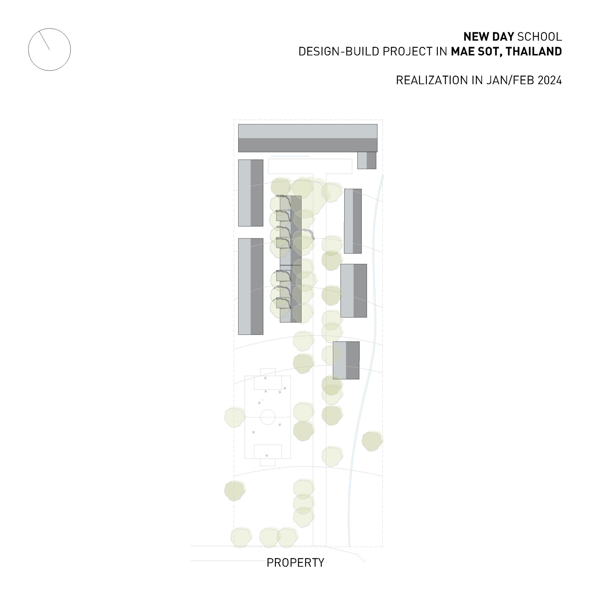 Site plan drawing showing elongated building volumes with tree canopies dispersed across the property