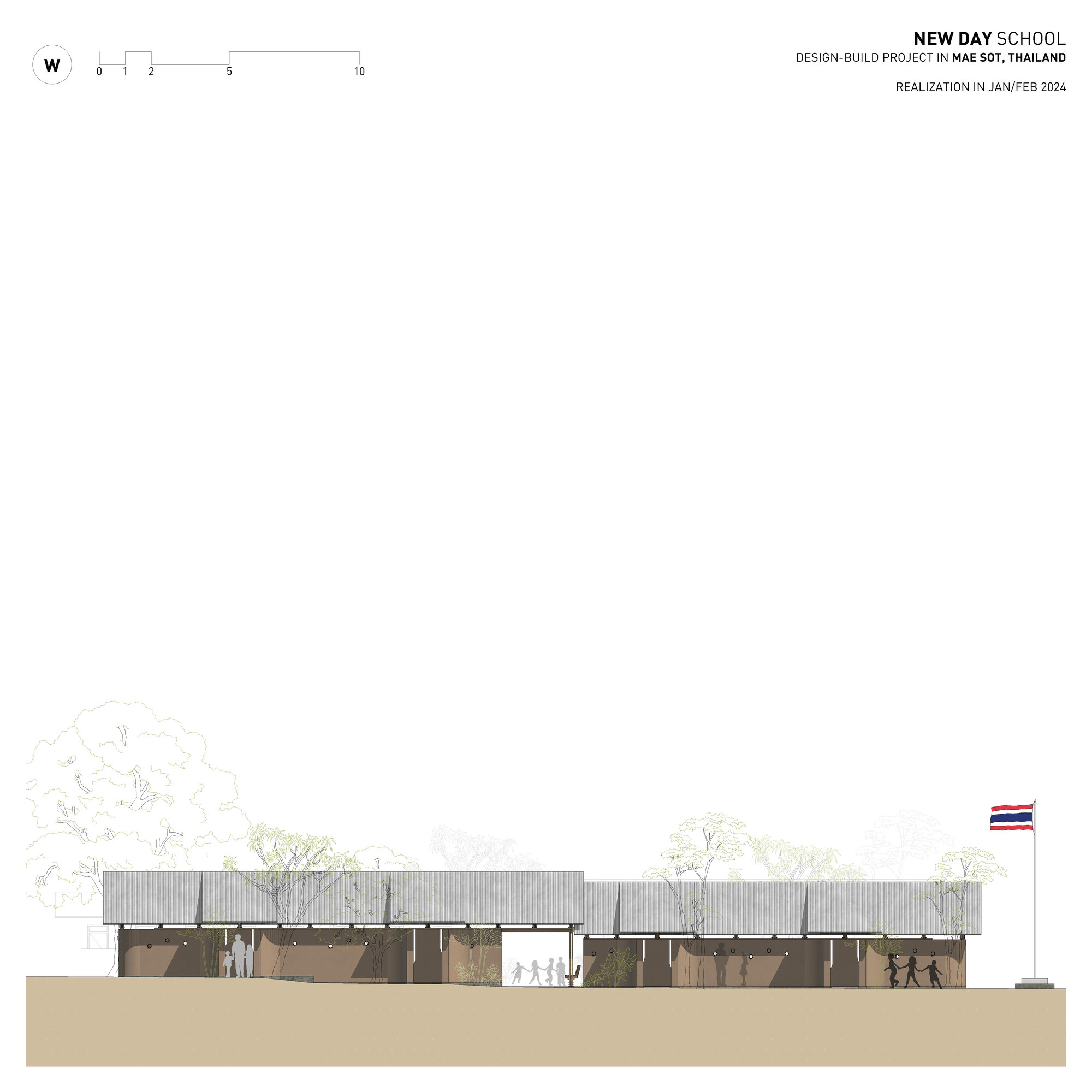 Elevation drawing showing low-slung building with corrugated metal roof and timber screens