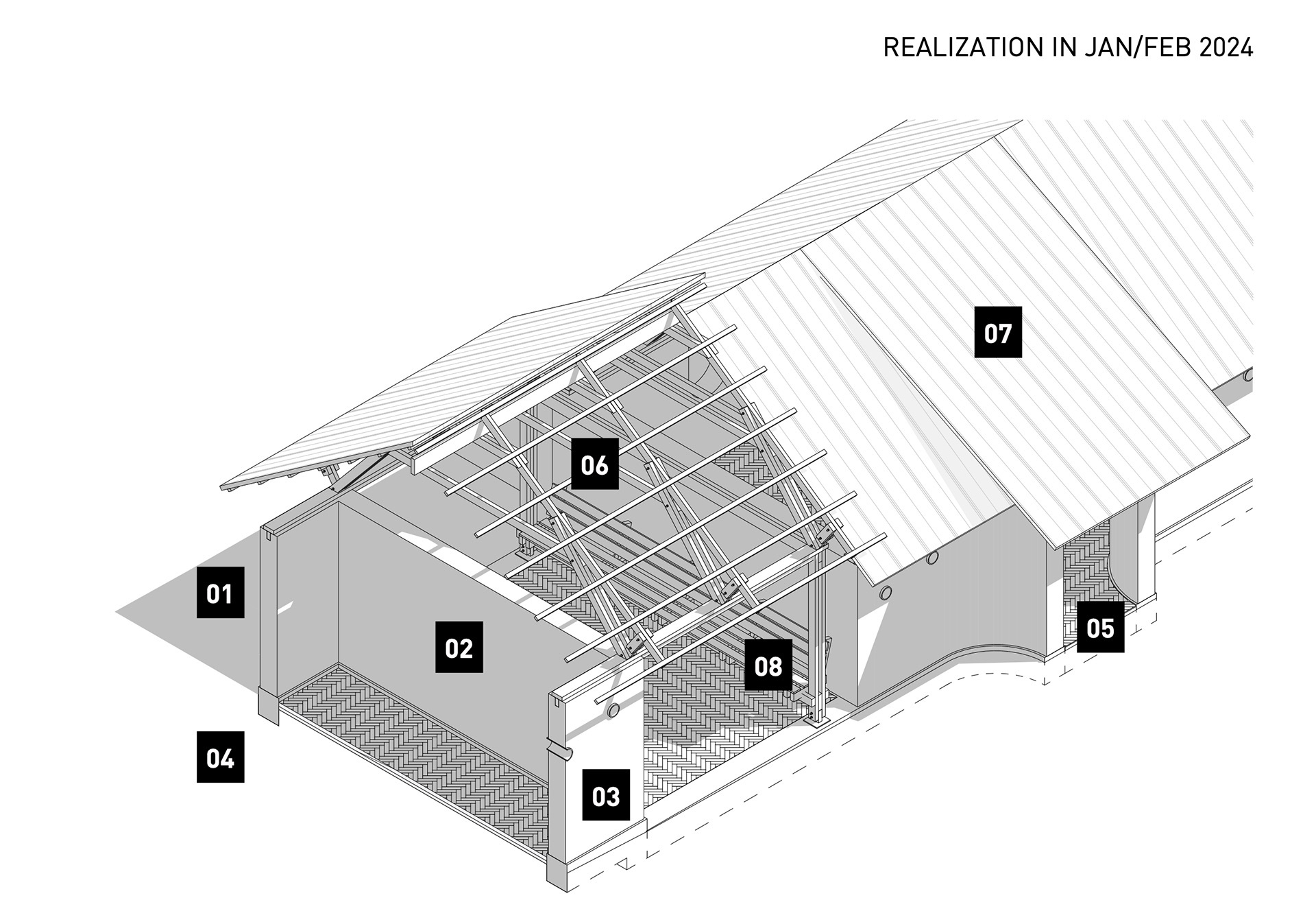 Exploded axonometric drawing showing structural layers including roof framing, walls, and foundation elements