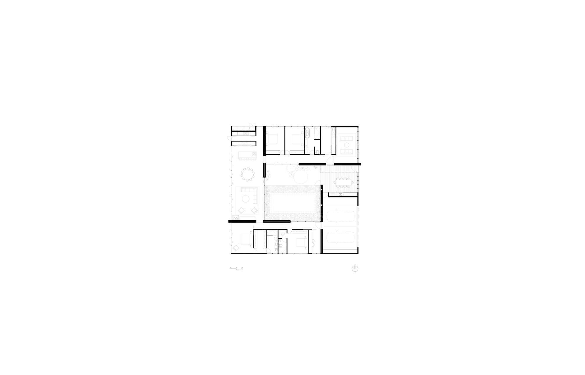 Floor plan drawing showing a square layout with rooms arranged around a central courtyard