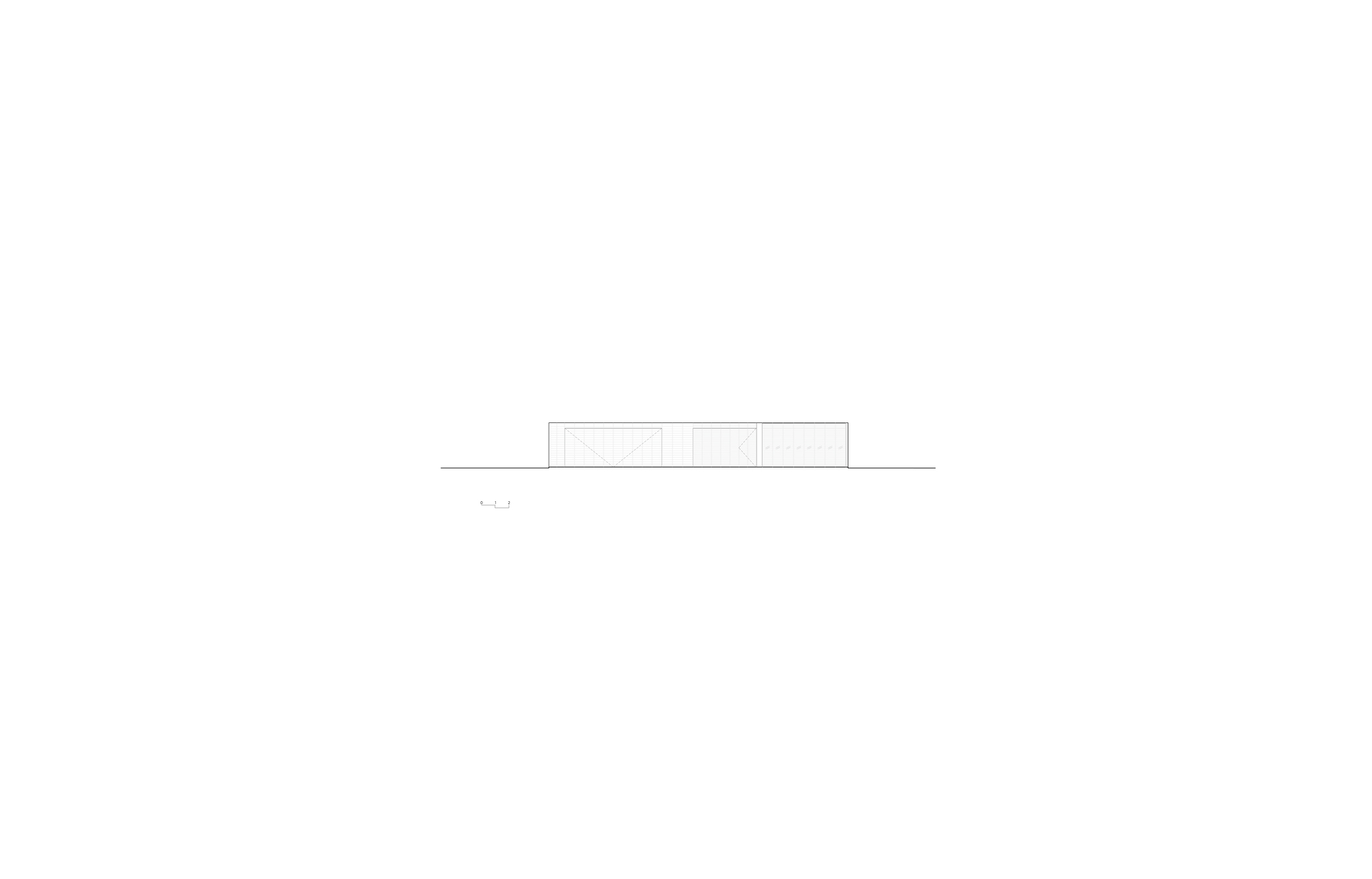 Elevation drawing showing the low horizontal profile of the single-story structure