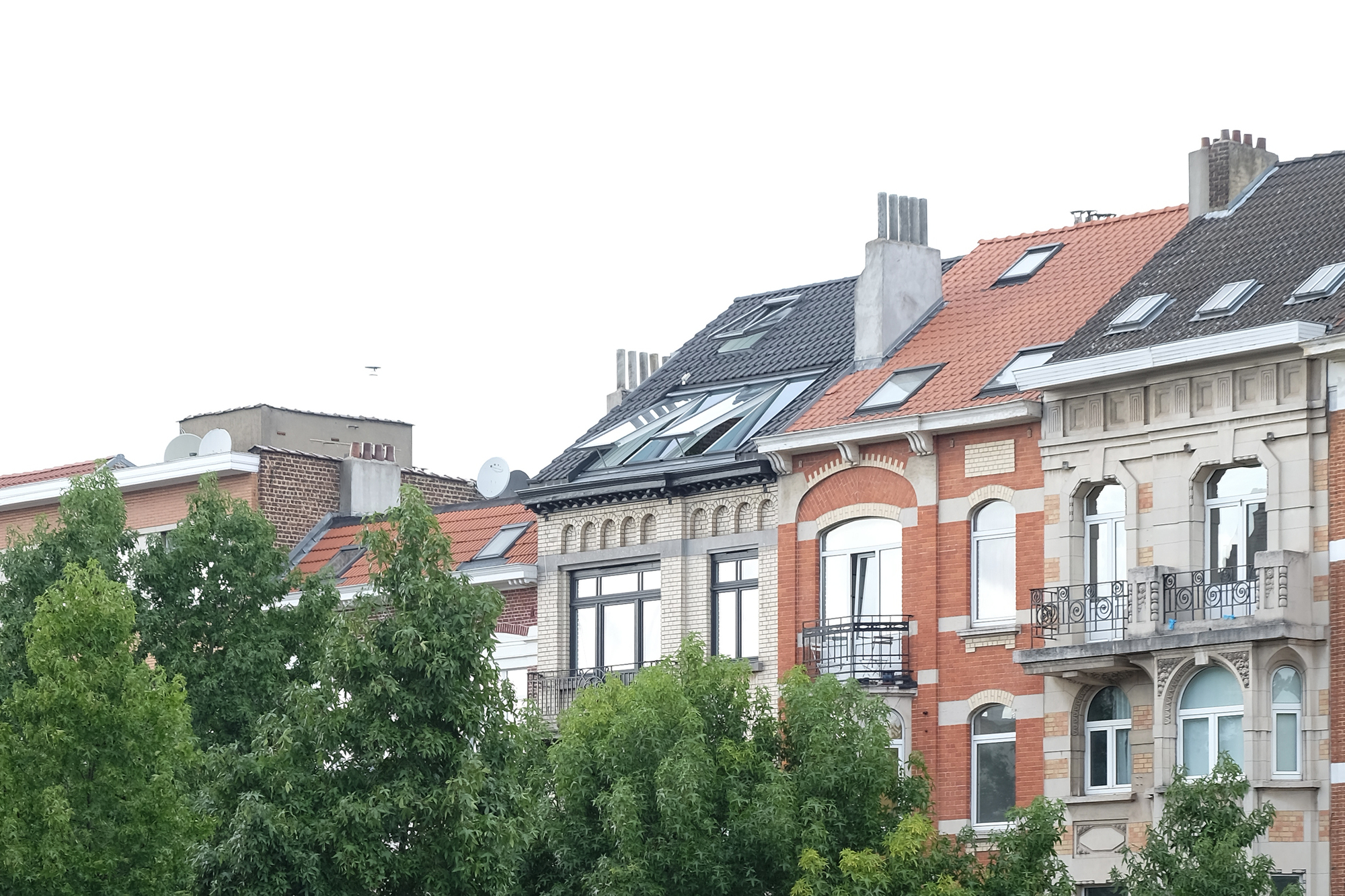 Row of brick and stucco facades with dormer windows and rooftop skylights above a line of trees