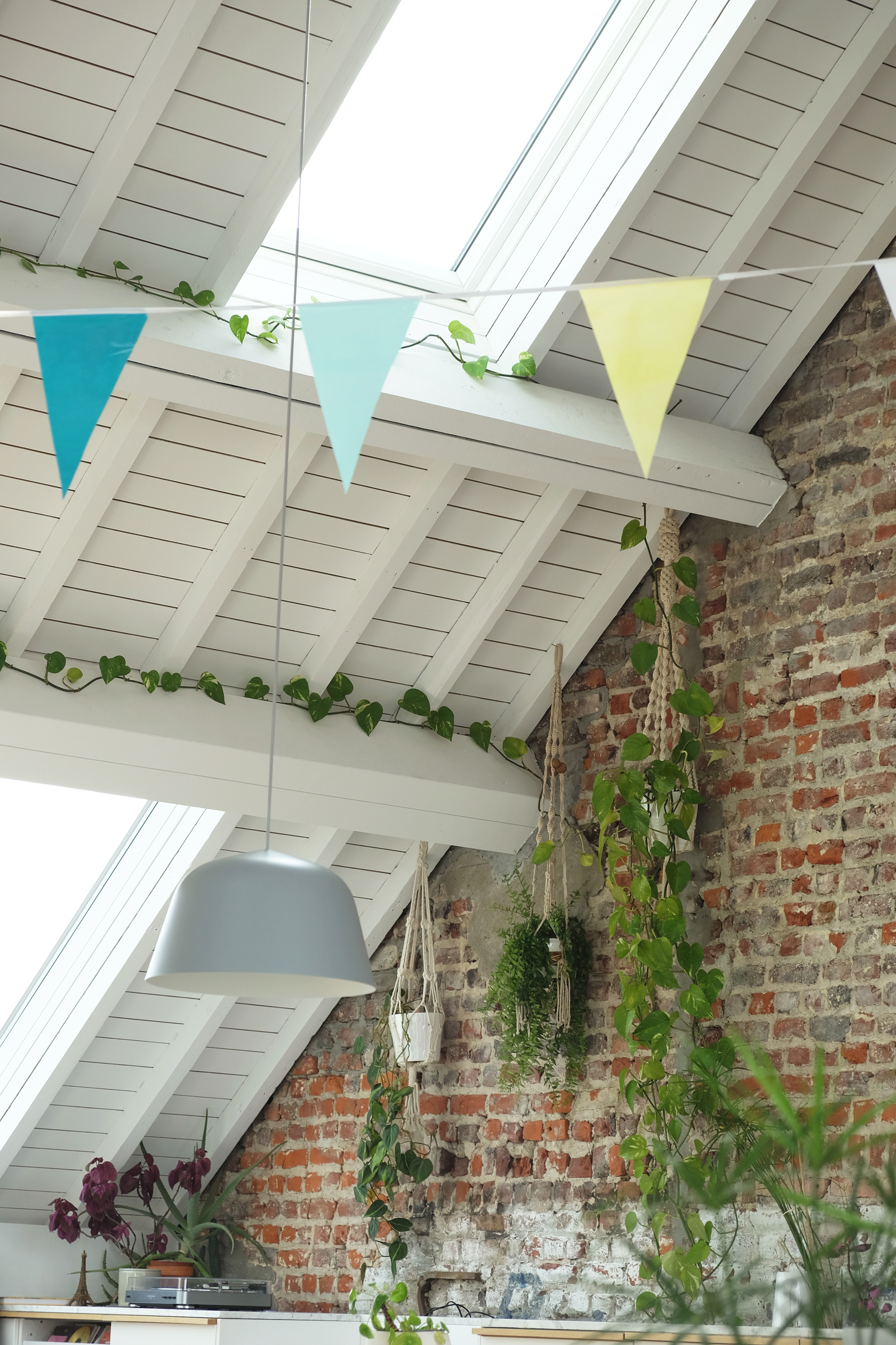Detail of sloped timber ceiling with skylight, bunting and climbing vines against exposed brick