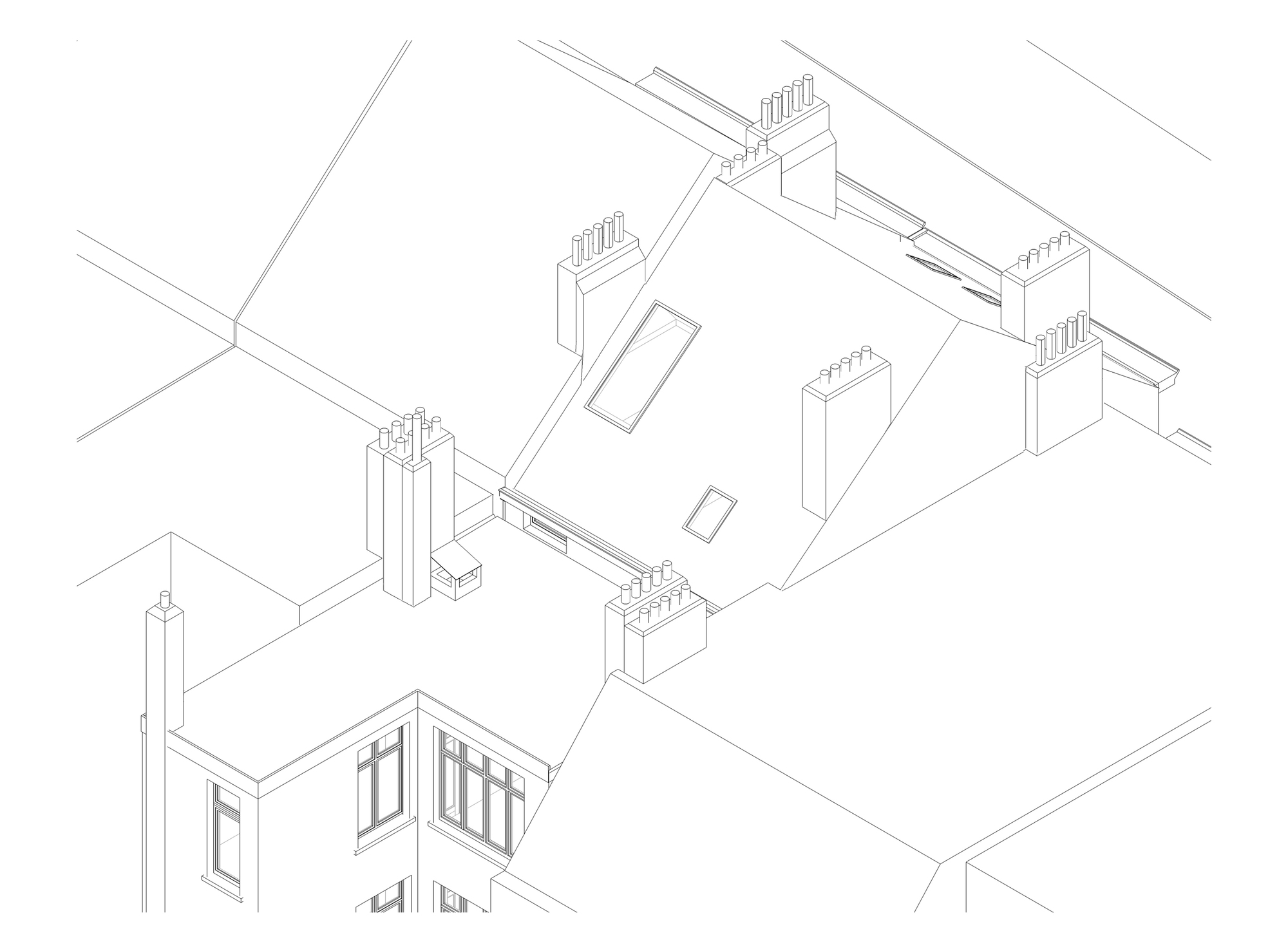 Axonometric drawing showing rooftop volume with chimney stacks and glazed openings